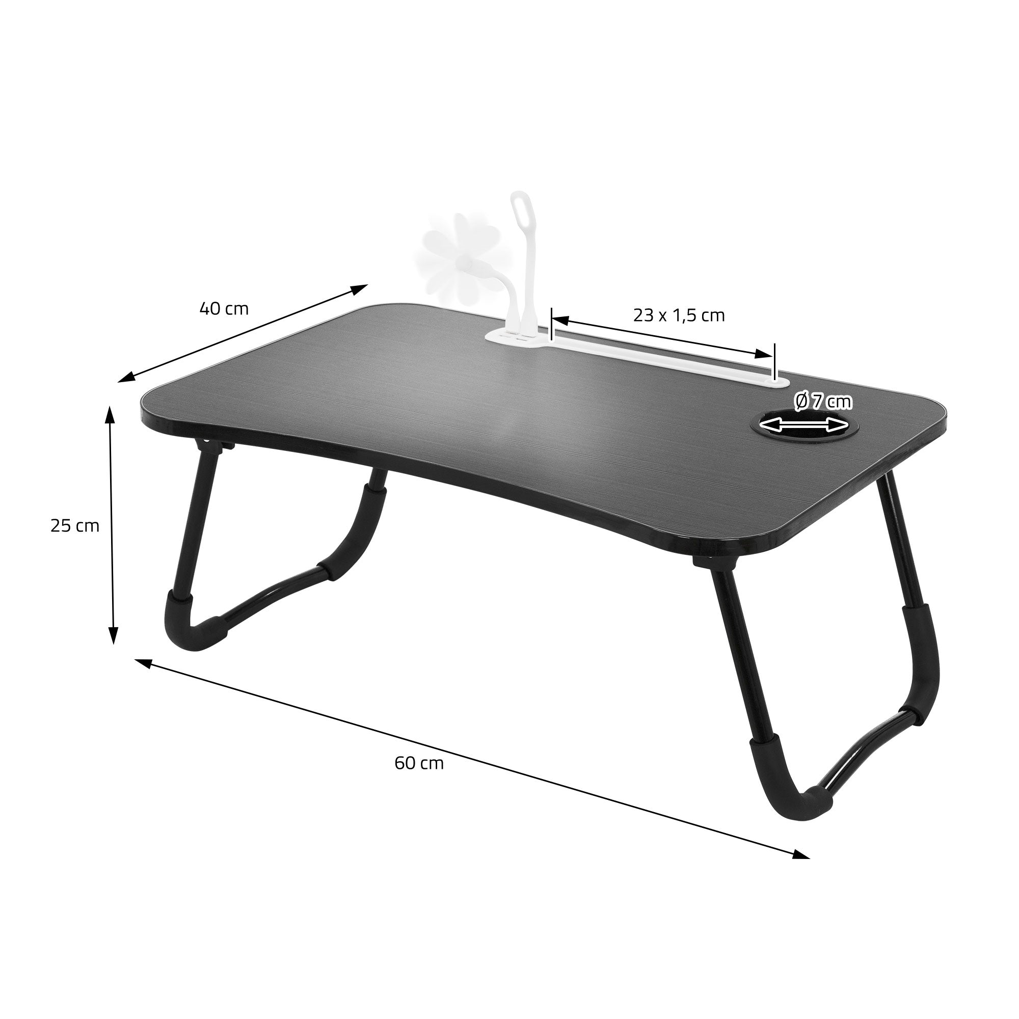 Rozměrový nákres černého stolu o šířce 60 cm a výšce 25 cm.