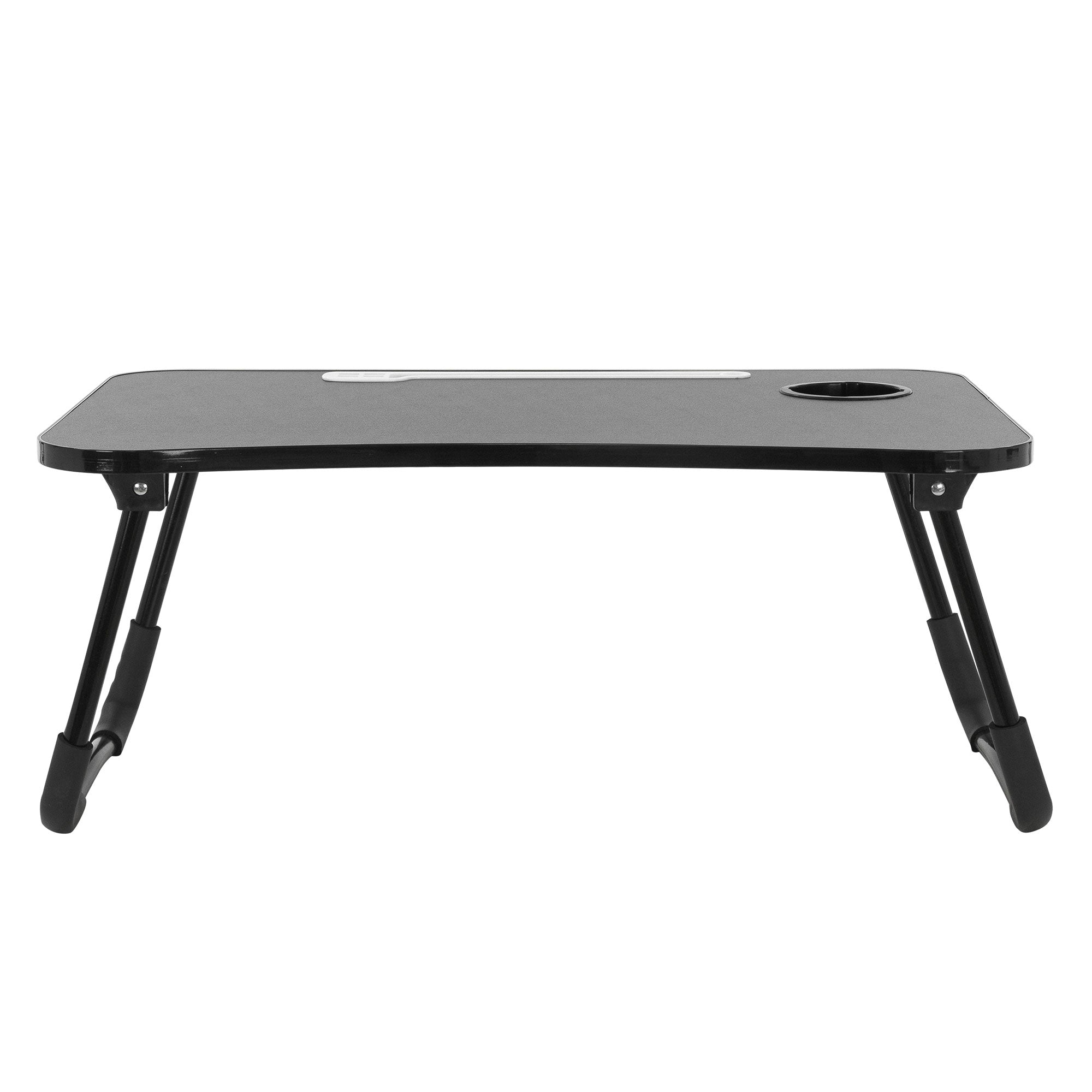 Schwarzer, klappbarer Tisch mit Becherhalter.