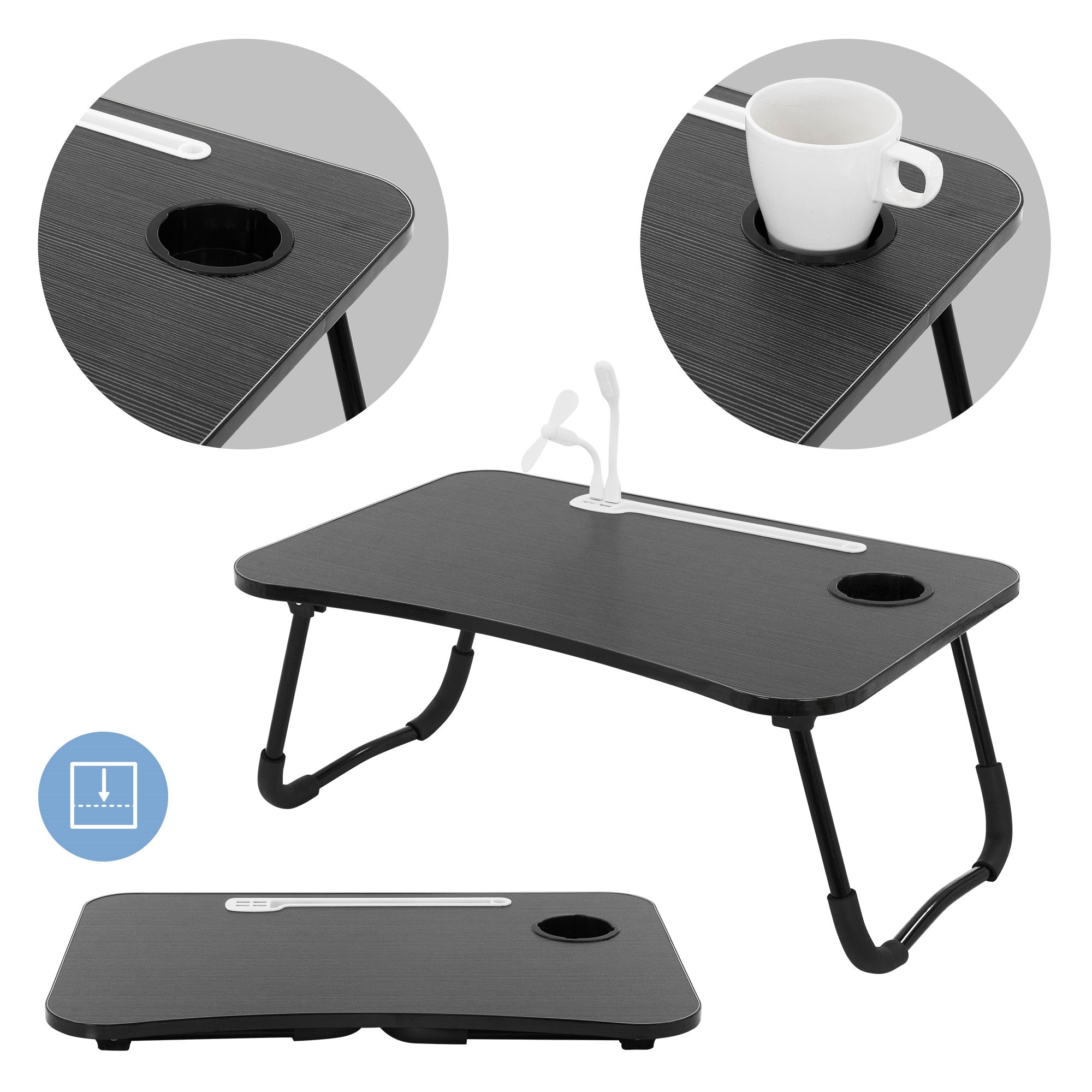 Dunkelgrauer Tisch mit Becherhalter und flexibler Lampe, verschiedene Ansichten.