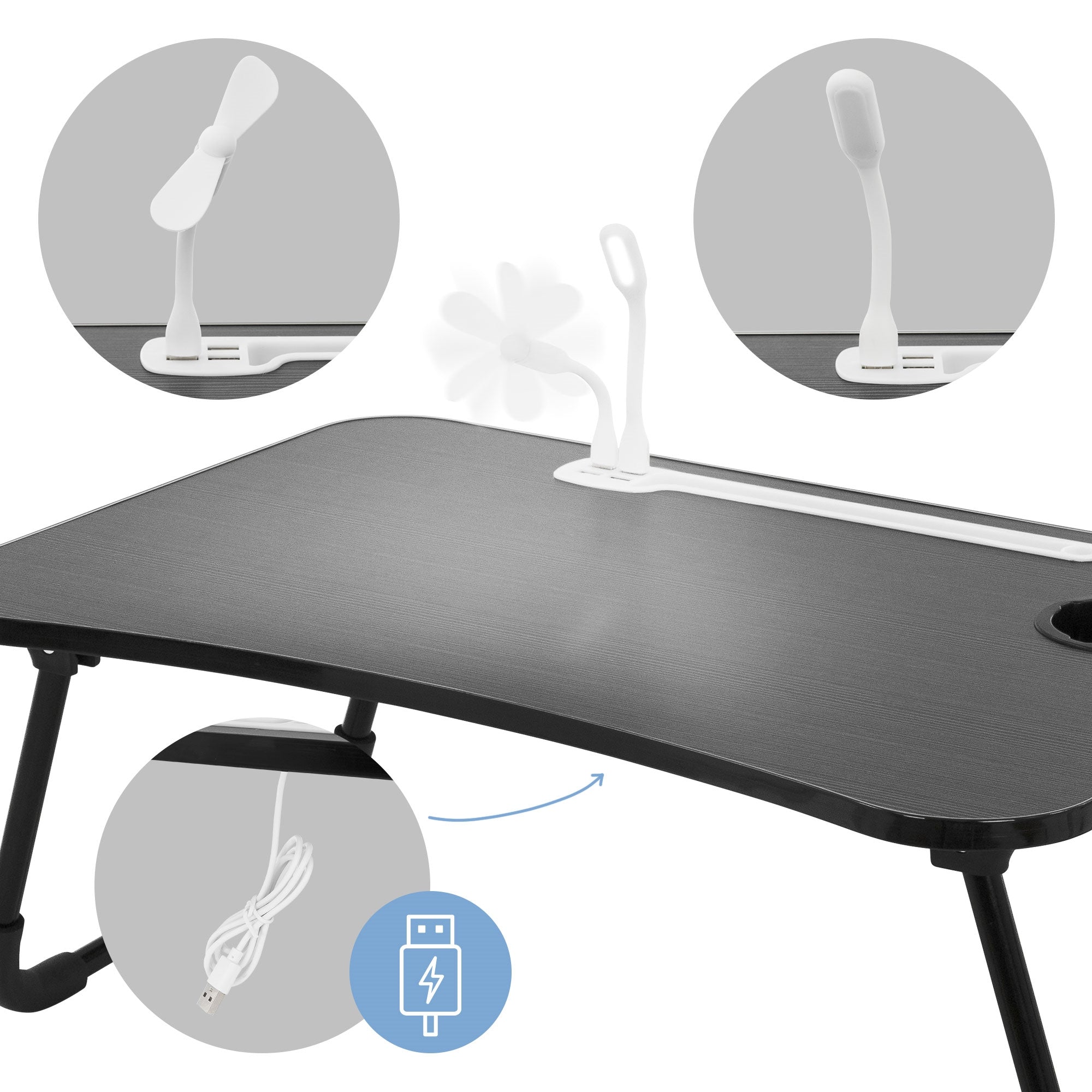 Tischoberfläche in Schwarz mit USB-Kabel und einer Lampe in Form eines Ventilators.