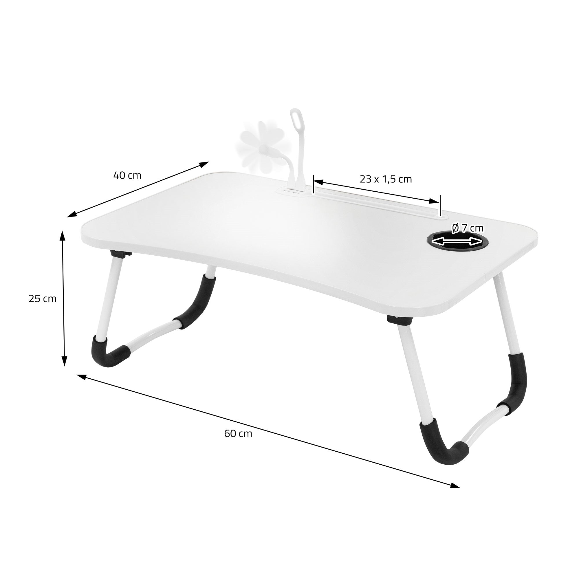 Rozměrový nákres bílého stolu o šířce 60 cm a výšce 25 cm.