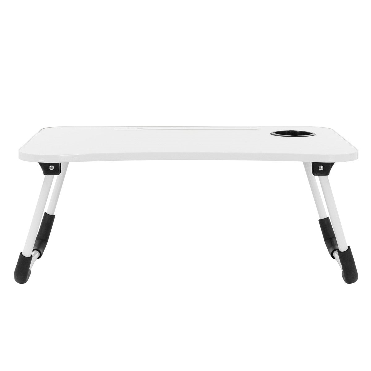 Mesa plegable blanca con portavasos, minimalista.