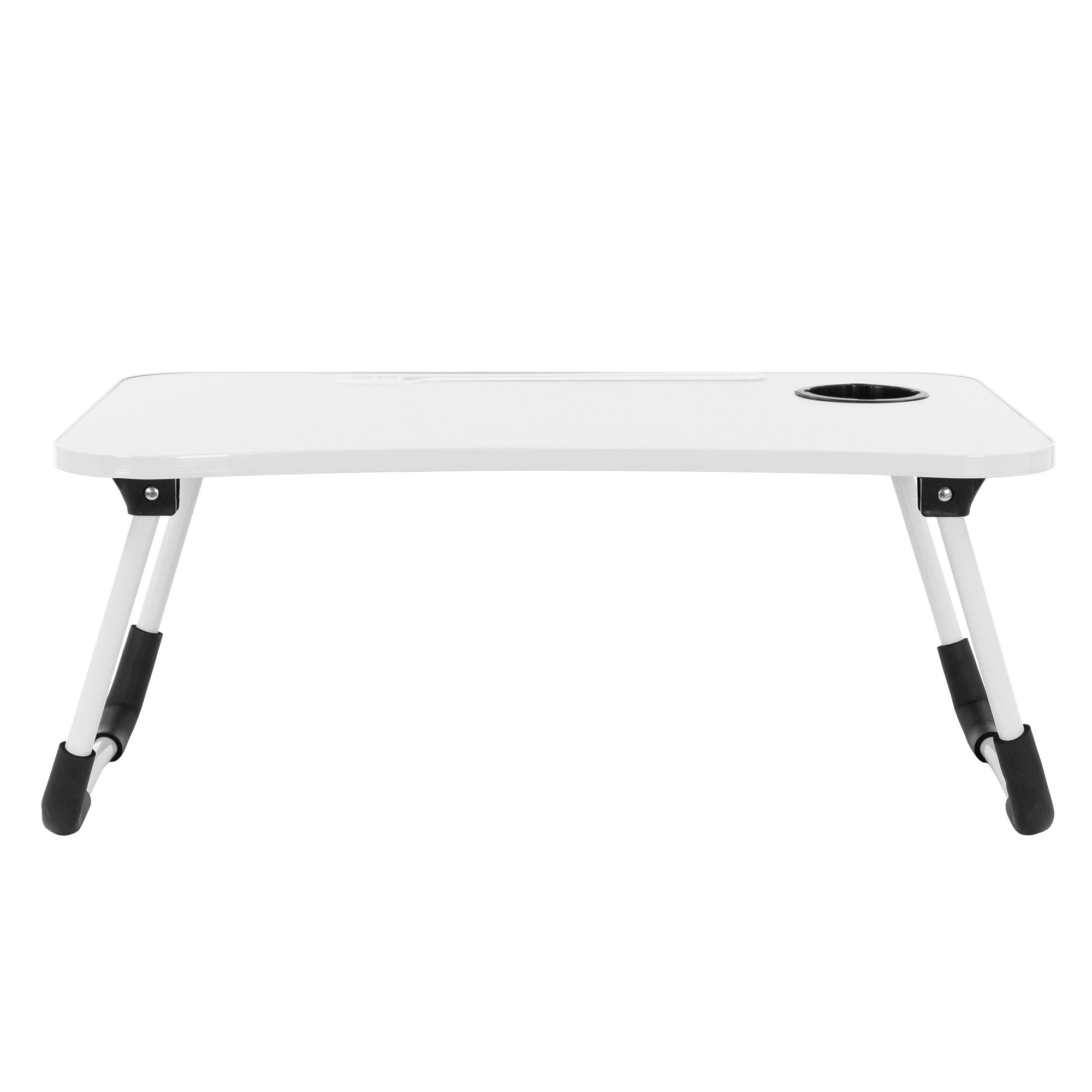 Weißer klappbarer Tisch mit Getränkehalter, minimalistisch.