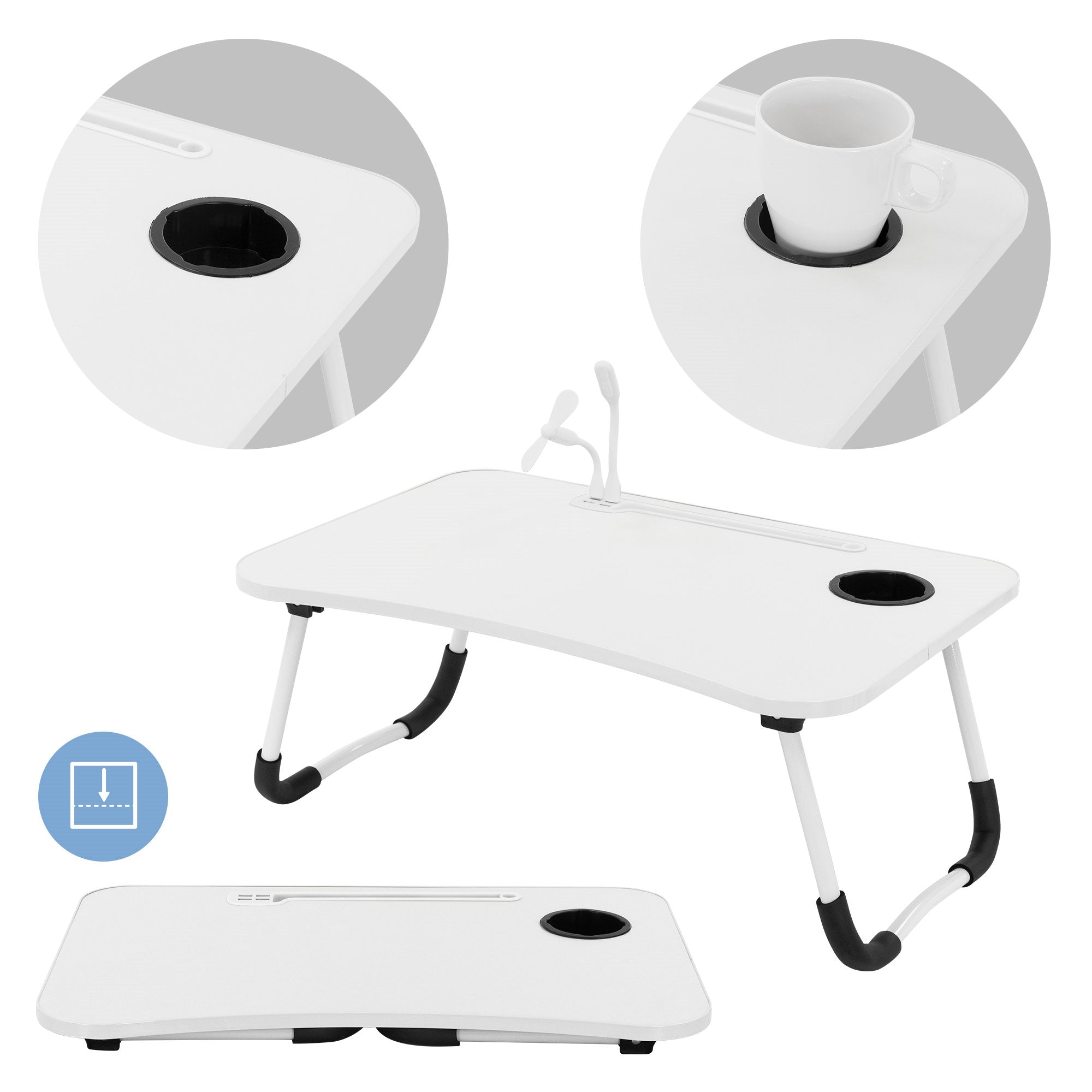 Bílý stůl s držákem na hrnek a ventilátorem, na černém rámu.