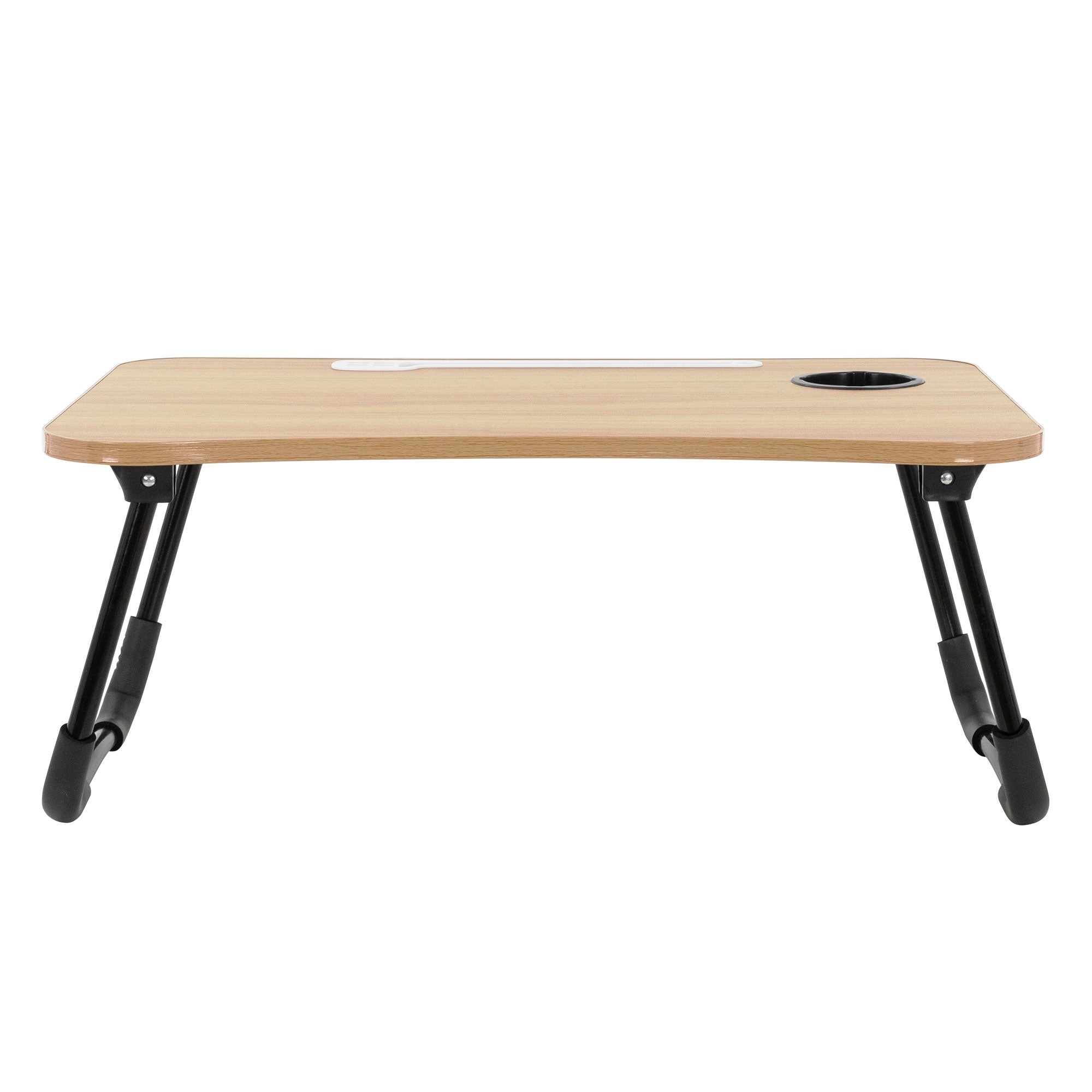Ein klappbarer Tisch aus hellem Holz mit einer Aussparung für Getränke.