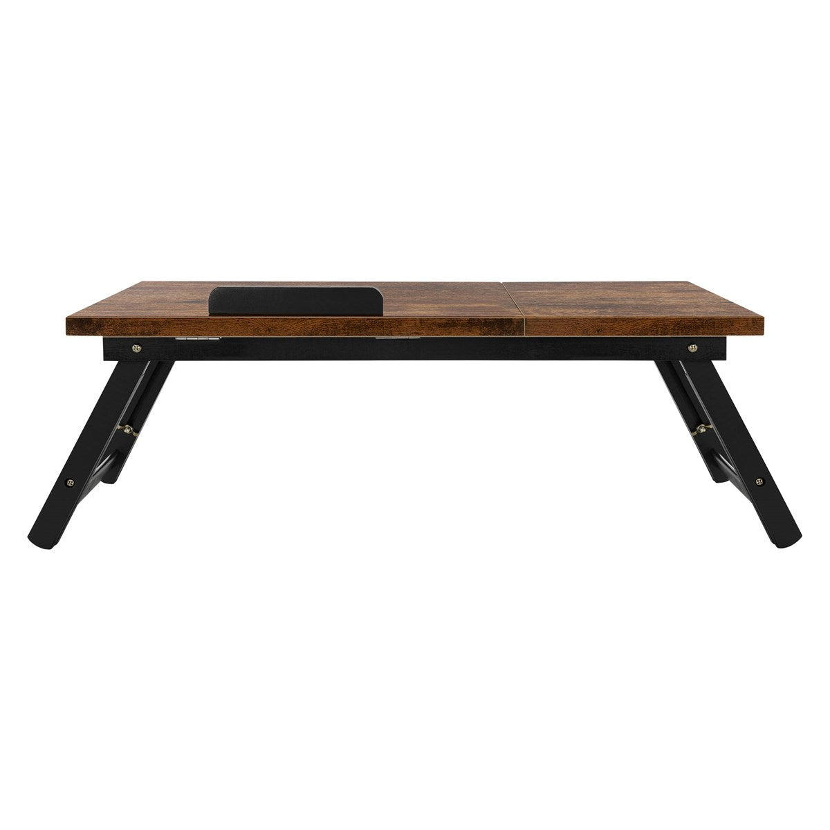 Holztisch mit schwarzem Gestell, seitliche Sichtansicht.