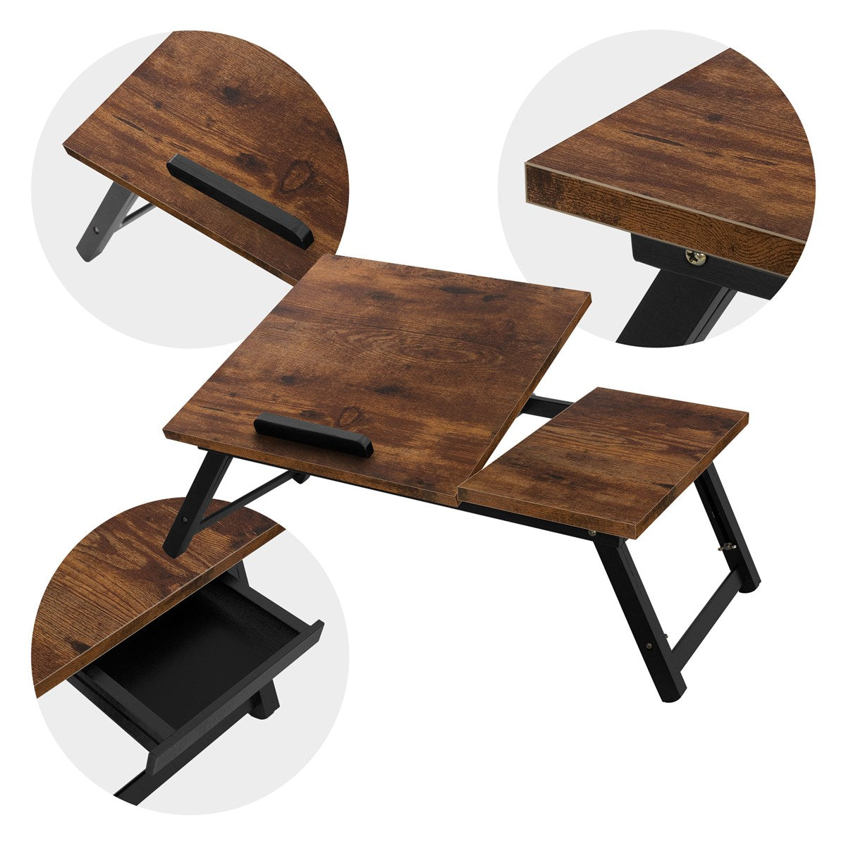Holztisch mit klappbaren Elementen und Schublade.