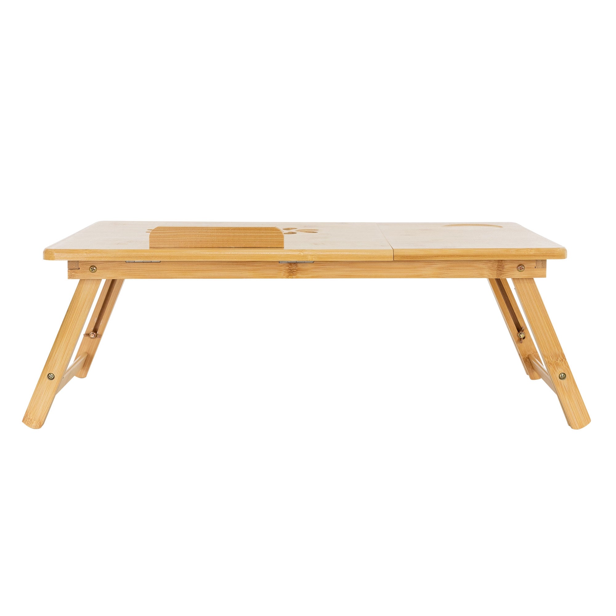 Seitenansicht eines klappbaren Holztisches mit einer Aussparung.