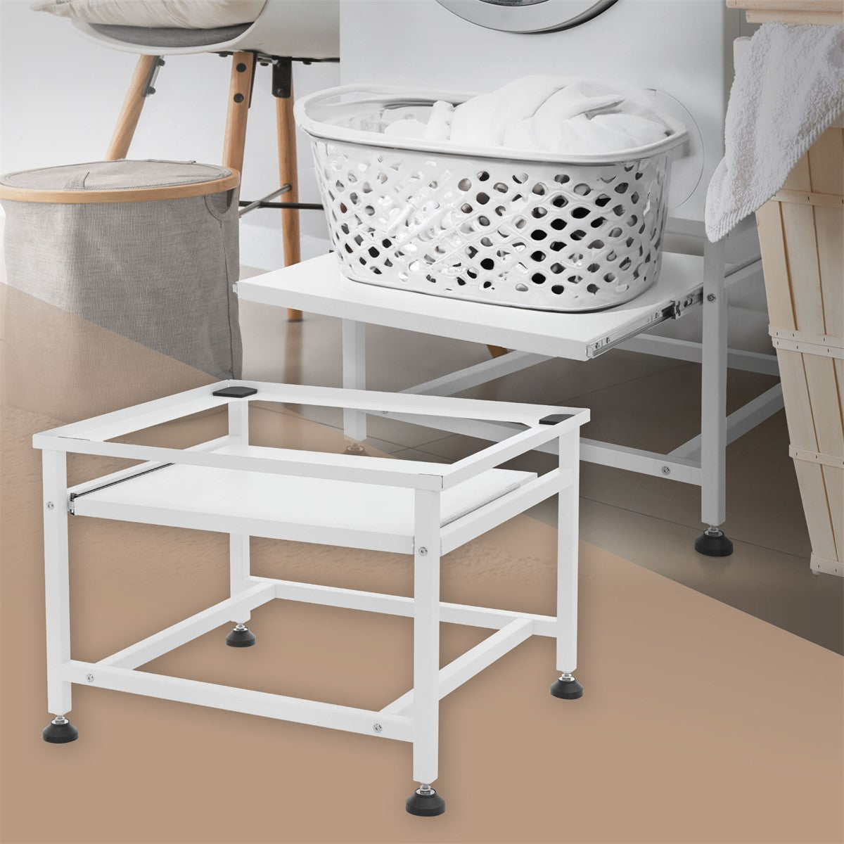 White laundry basket on a shelf, with a small table next to it.