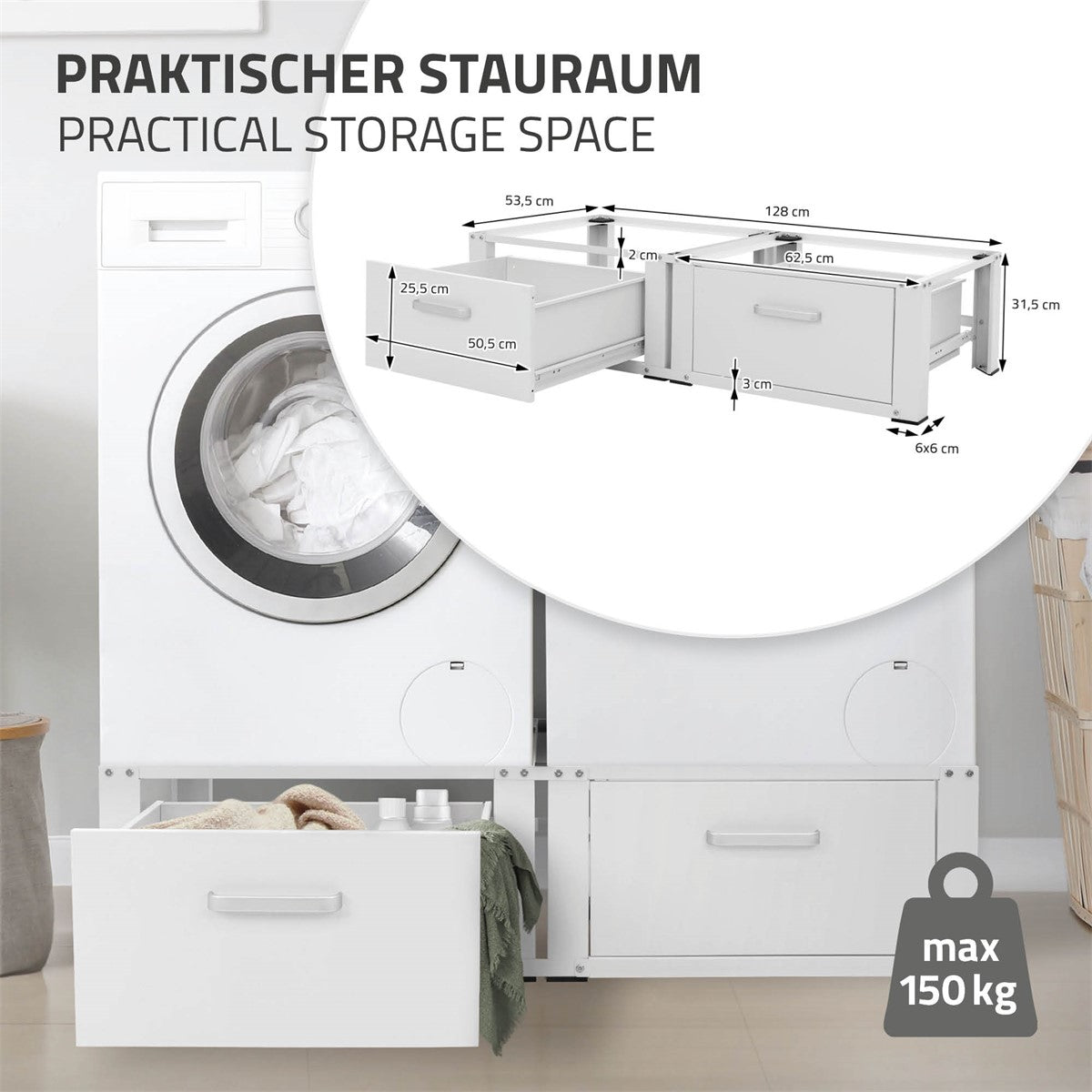 Detailansicht des Stauraums mit Maßen für das Waschmaschinenuntergestell.