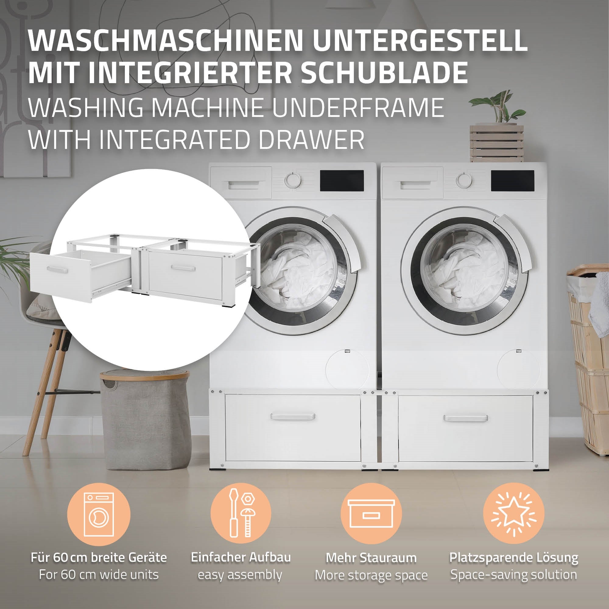 Waschmaschinenuntergestell mit zwei Waschmaschinen und integriertem Schublade.