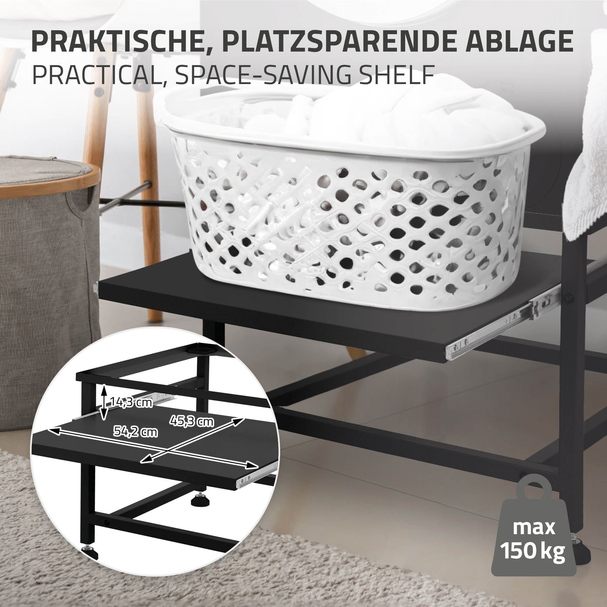 Étagère gain de place avec panier à linge, dimensions et capacité maximale.