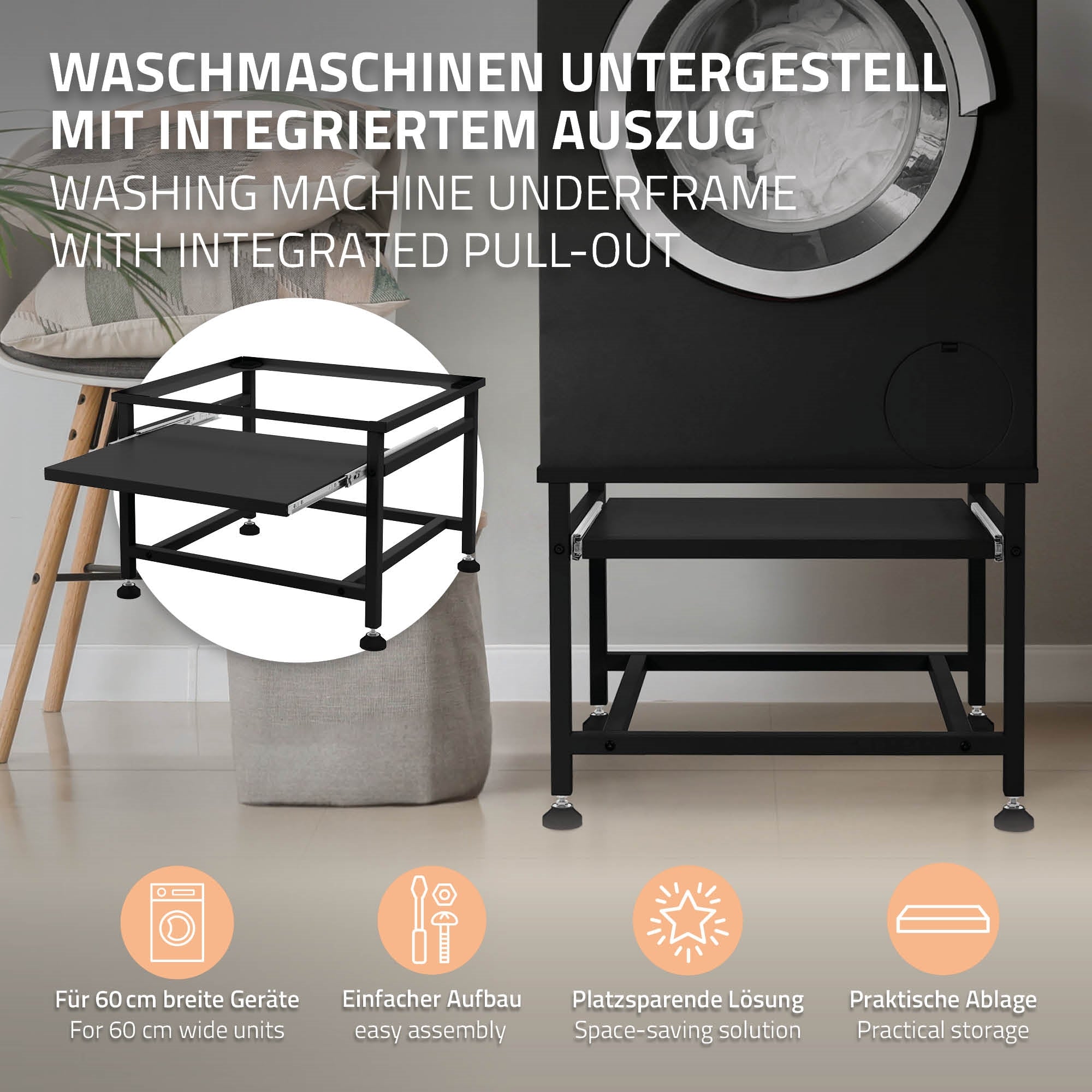 Untergestell für Waschmaschinen mit integriertem Auszug und Platz für Wäschekorb.
