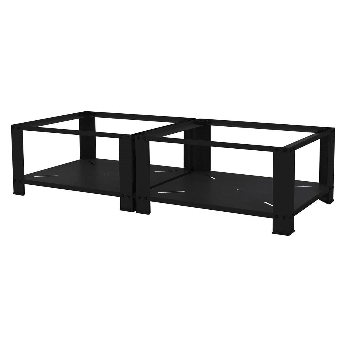 Two black shelving units with transparent shelves.