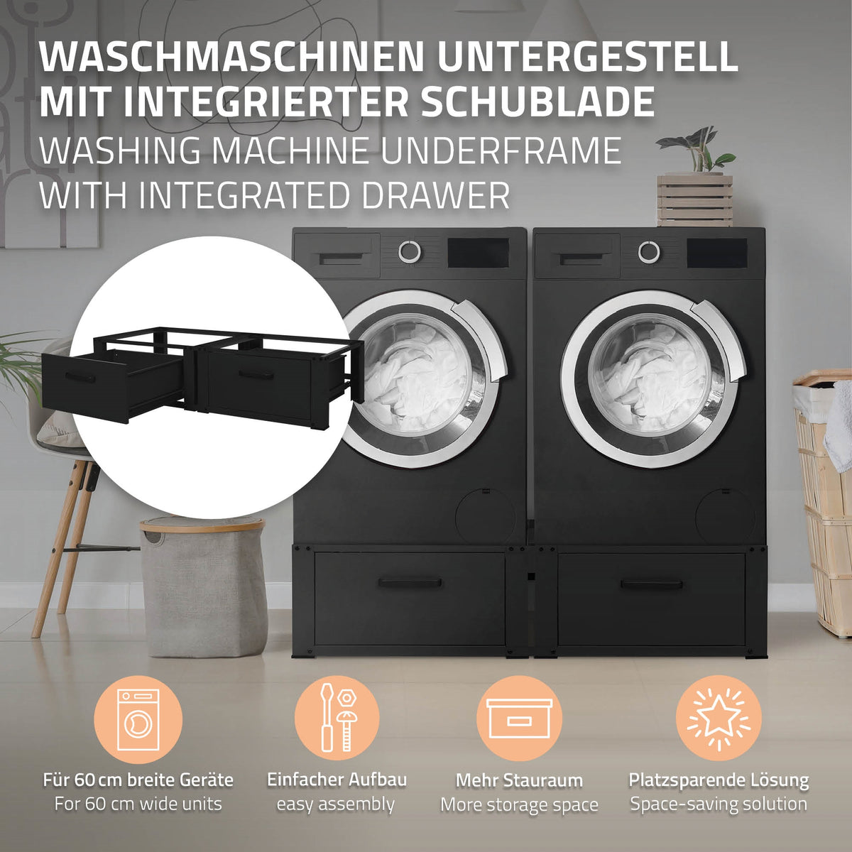 Waschmaschinenuntergestell mit integrierter Schublade für zusätzlichen Stauraum.