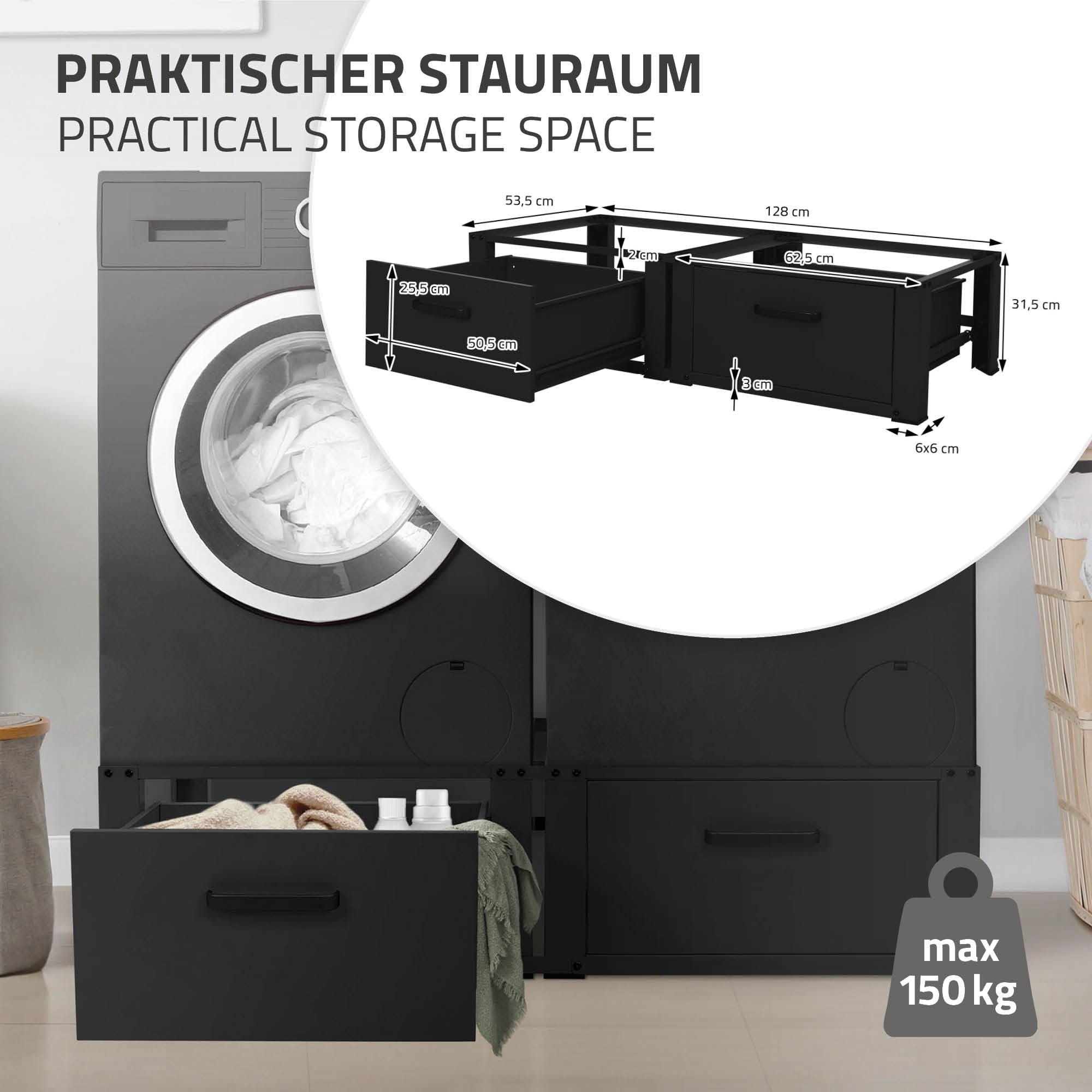 Grafik mit Abmessungen und maximaler Belastung für einen Stauraum.