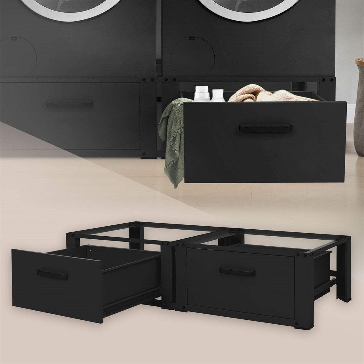 Black drawer of a piece of furniture with a towel and detergent on a light-coloured floor.