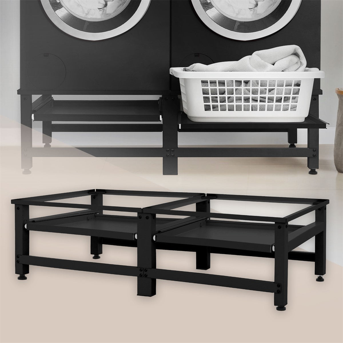 Washing machine pedestal with laundry basket and two washing machines