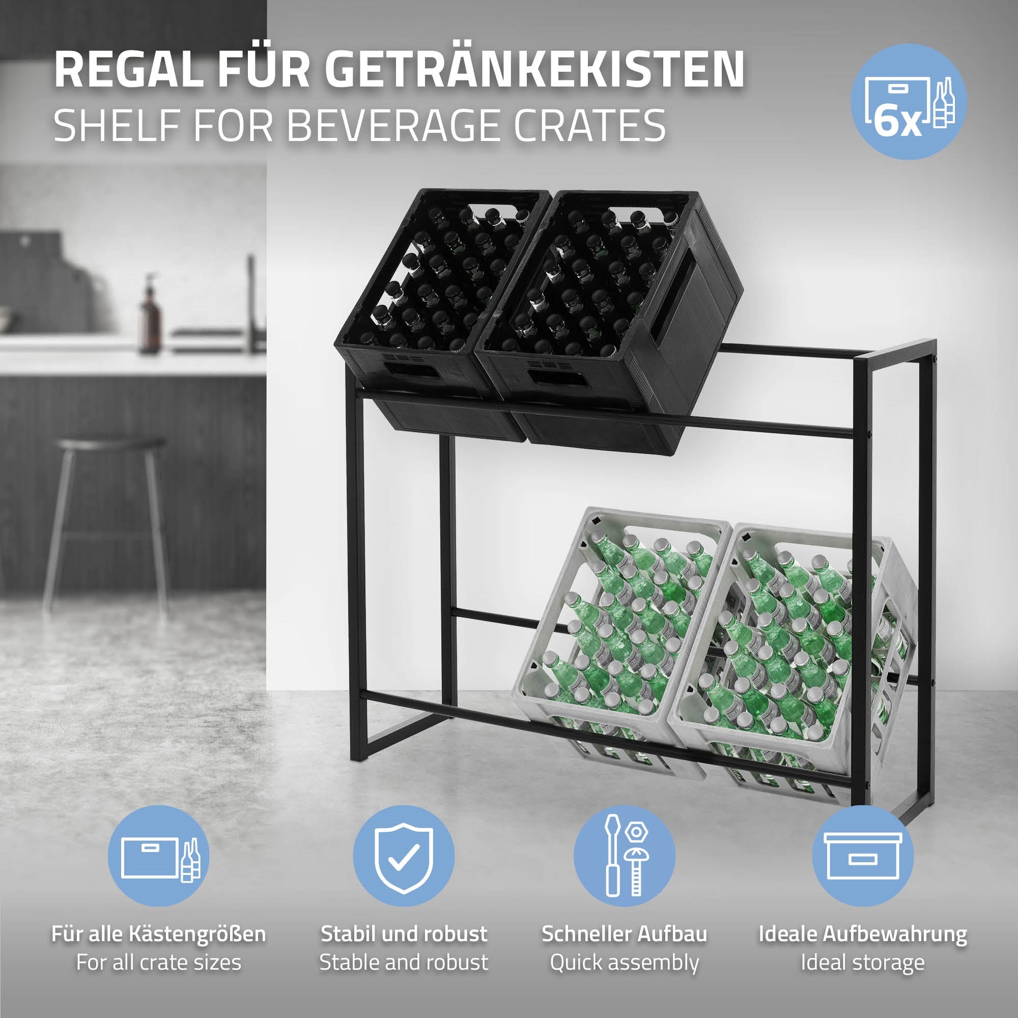 Regal für Getränkekisten mit stabiler Bauweise und schneller Montage.