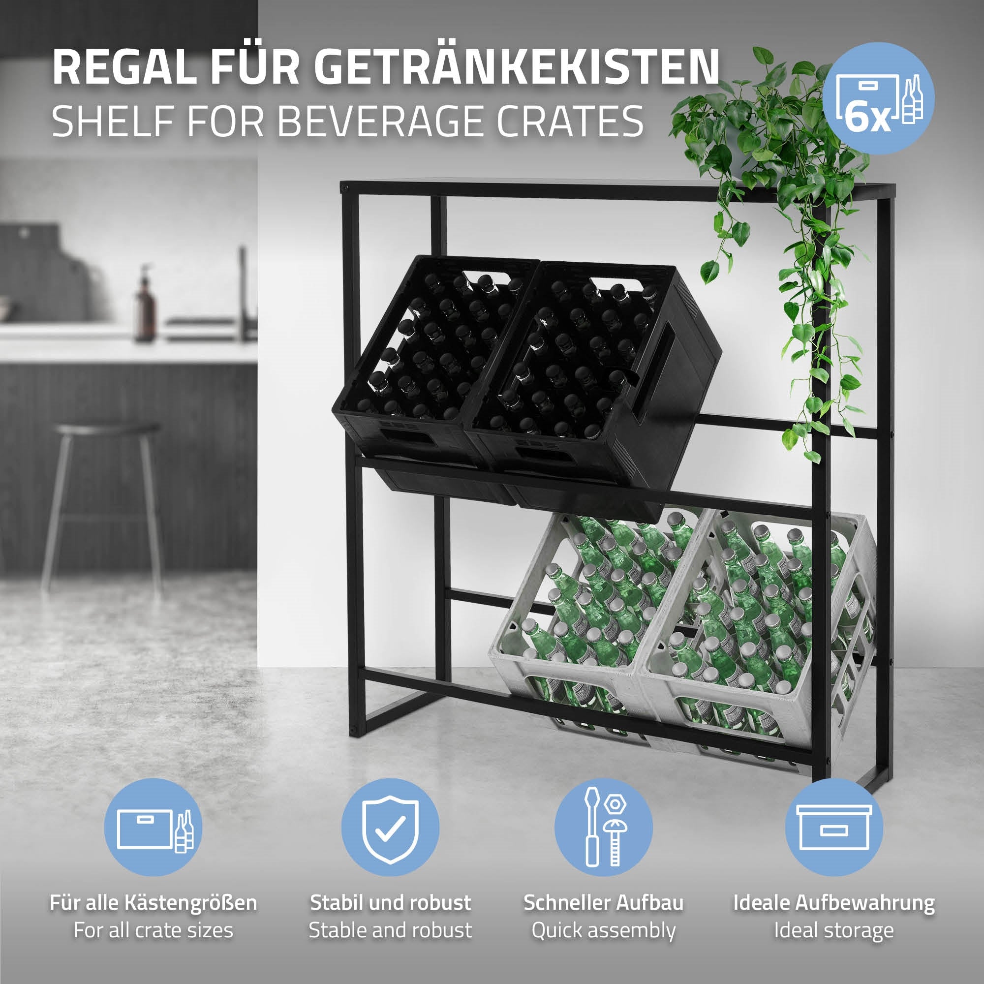 Regal für Getränkekisten mit Pflanzen, zeigt Flaschen in Kisten.