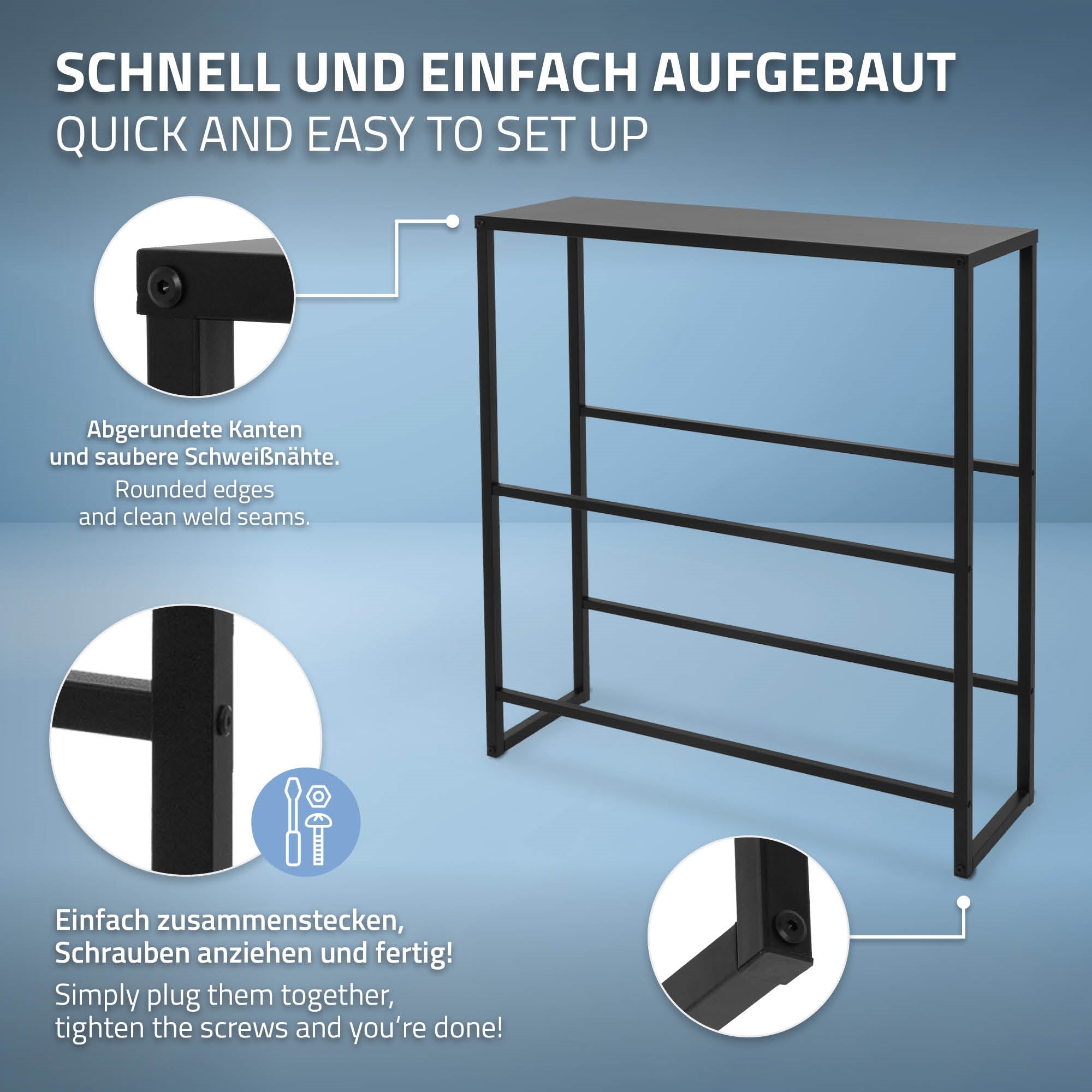 Ein Regal mit schwarzem Gestell und drei Ablagen, einfach aufzubauen.