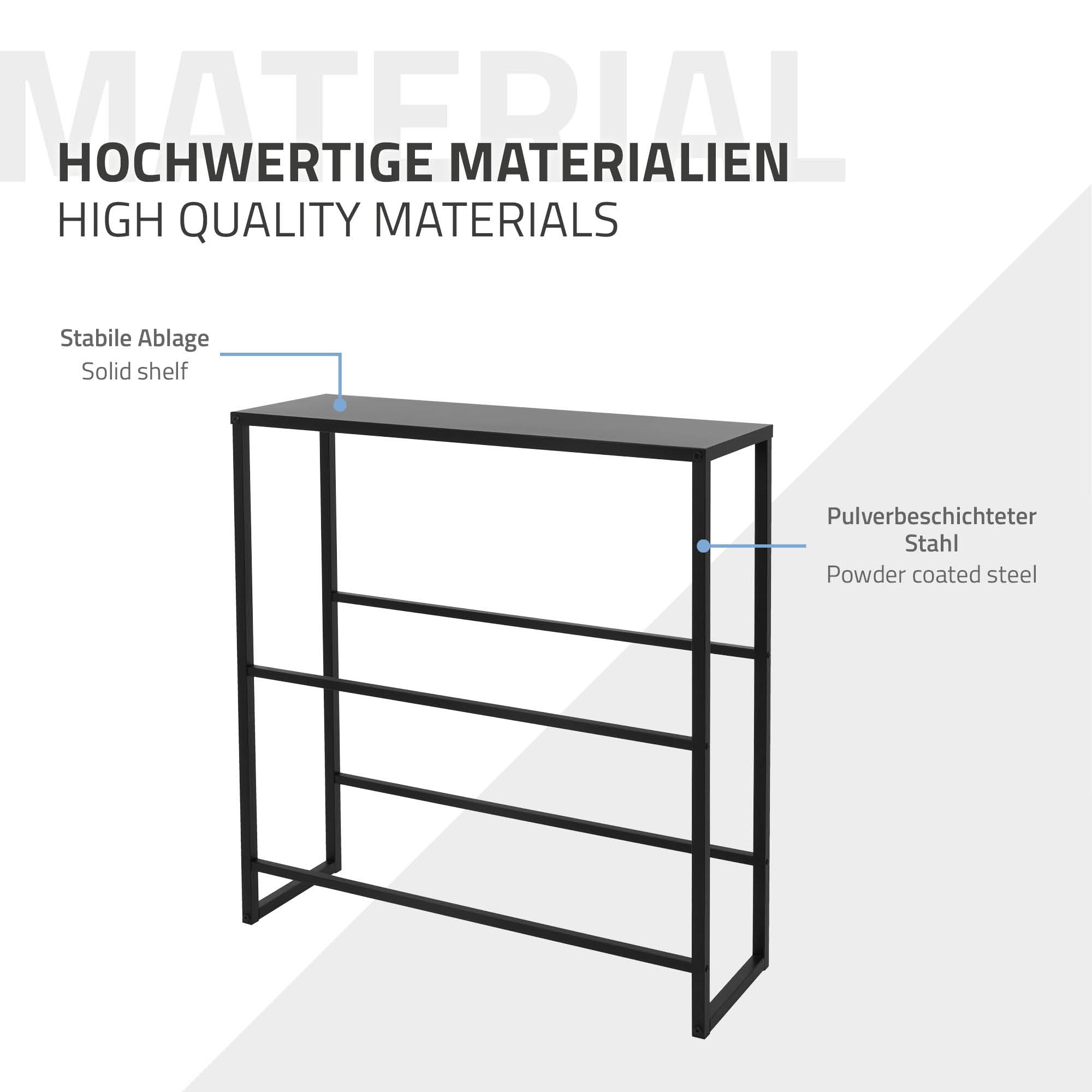 Regalständer aus pulverbeschichtetem Stahl mit stabiler Ablage.