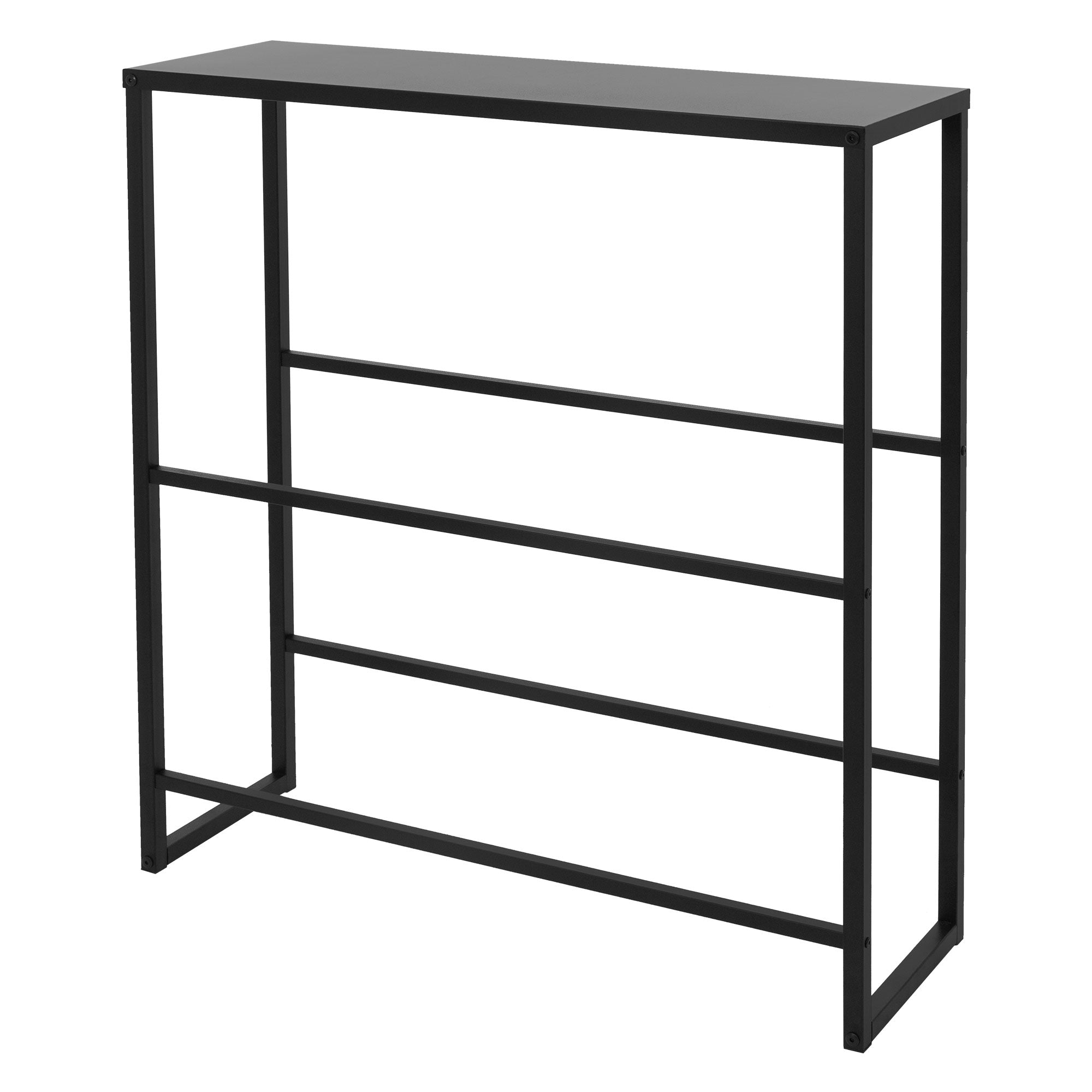 Schwarzes Regal mit horizontalen Streben, leer.