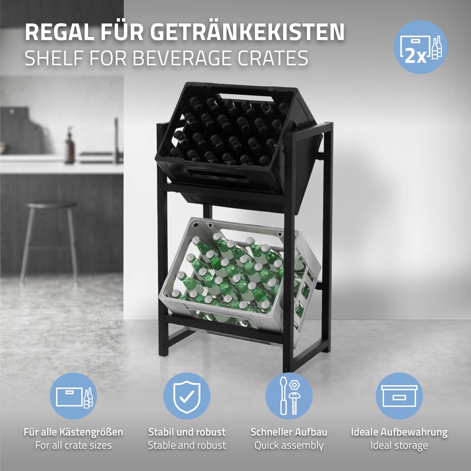 Shelf for beverage crates with two shelves, one black, one white.