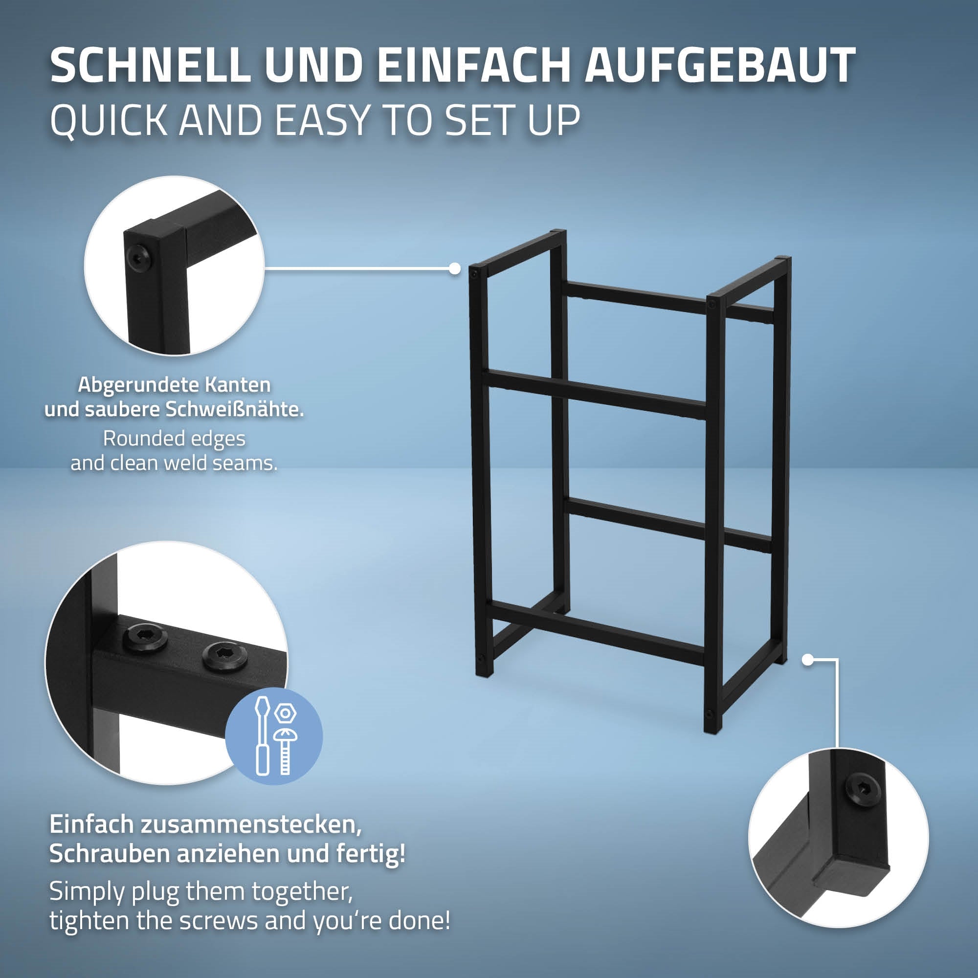 Schwarzes Gestell mit abgerundeten Kanten und Schrauben, einfach zusammensteckbar.