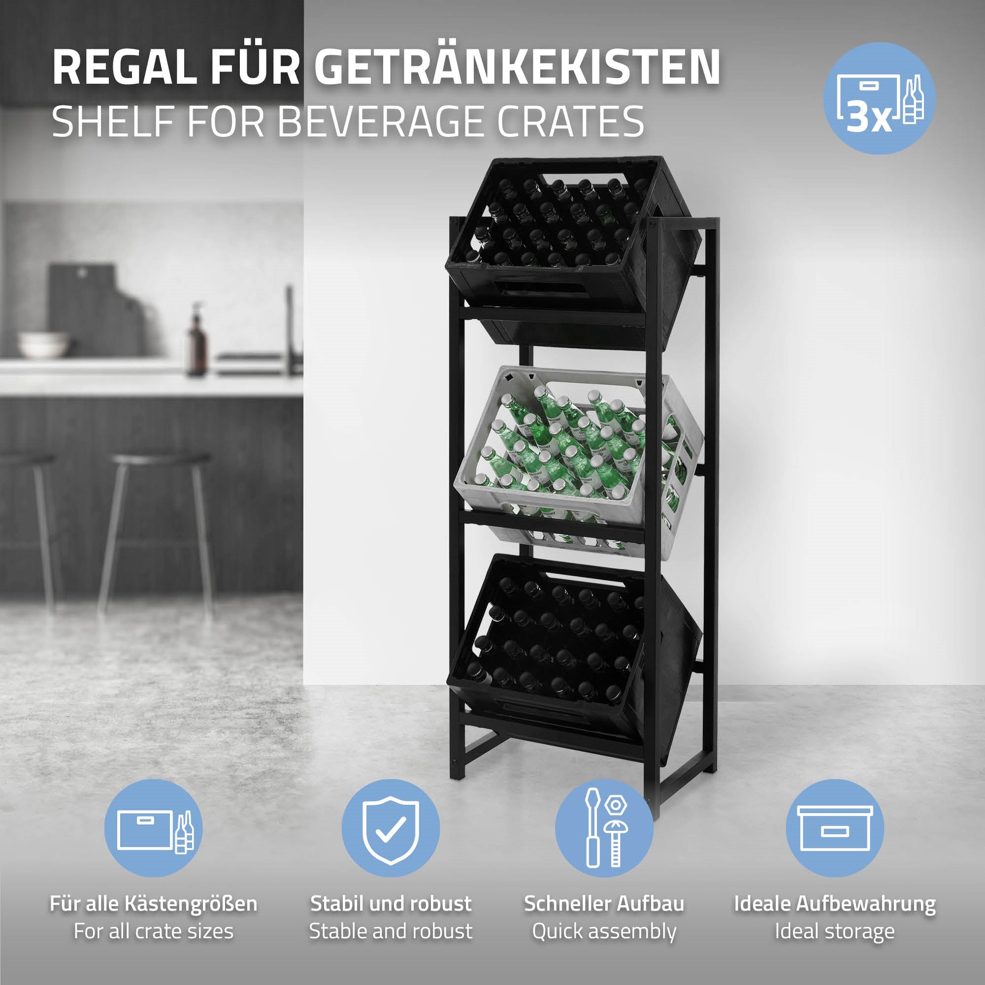 Regal mit drei Ablagen für Getränkekisten, ideal für die Aufbewahrung.