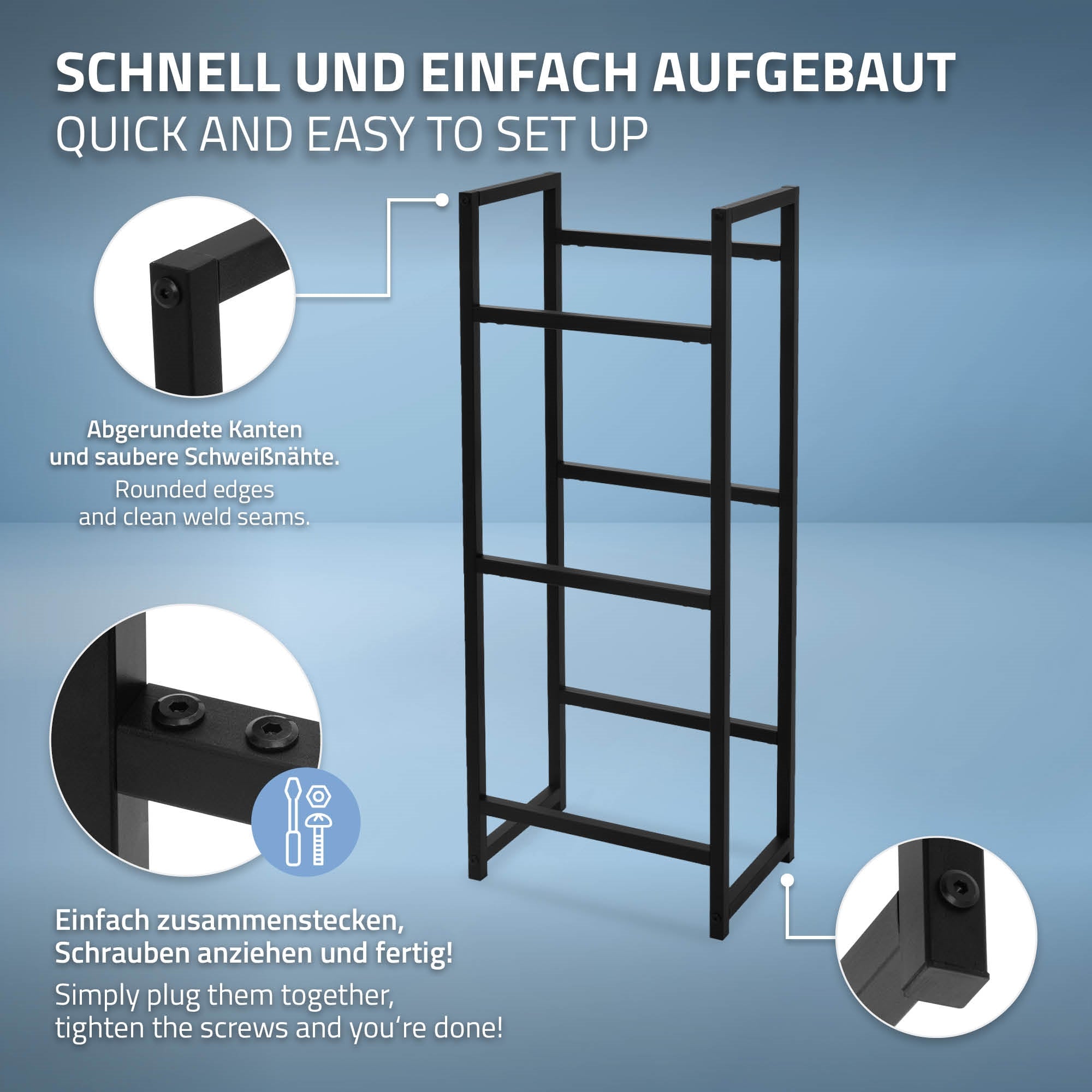 Regal mit drei Ablagen für Getränkekisten, stabil und einfach aufzubauen.