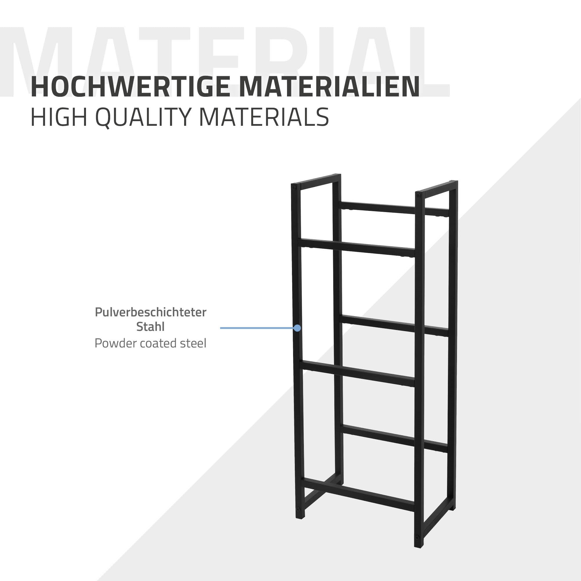 Ein schwarzes Regal aus pulverbeschichtetem Stahl.
