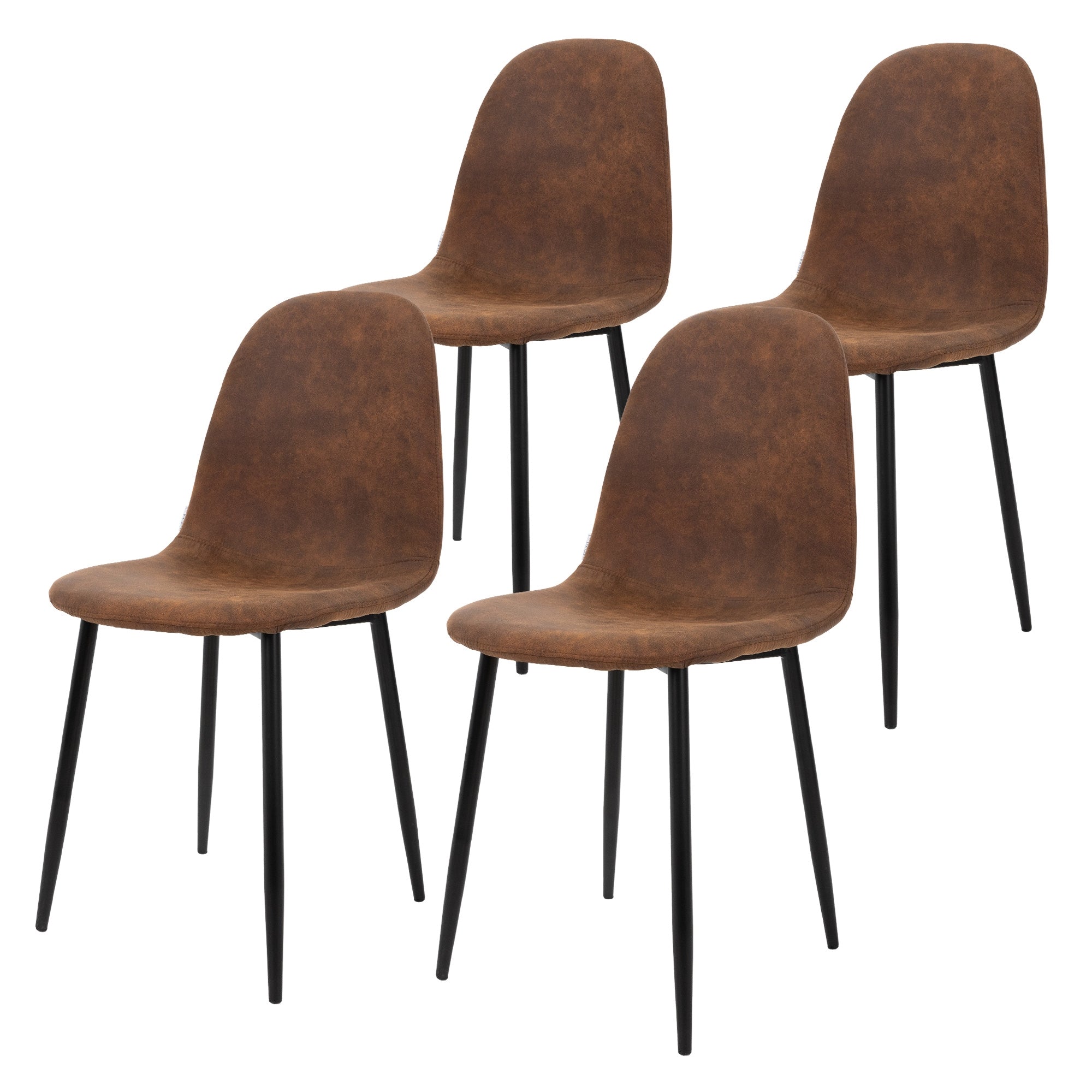 Four brown chairs with black legs on a white background.