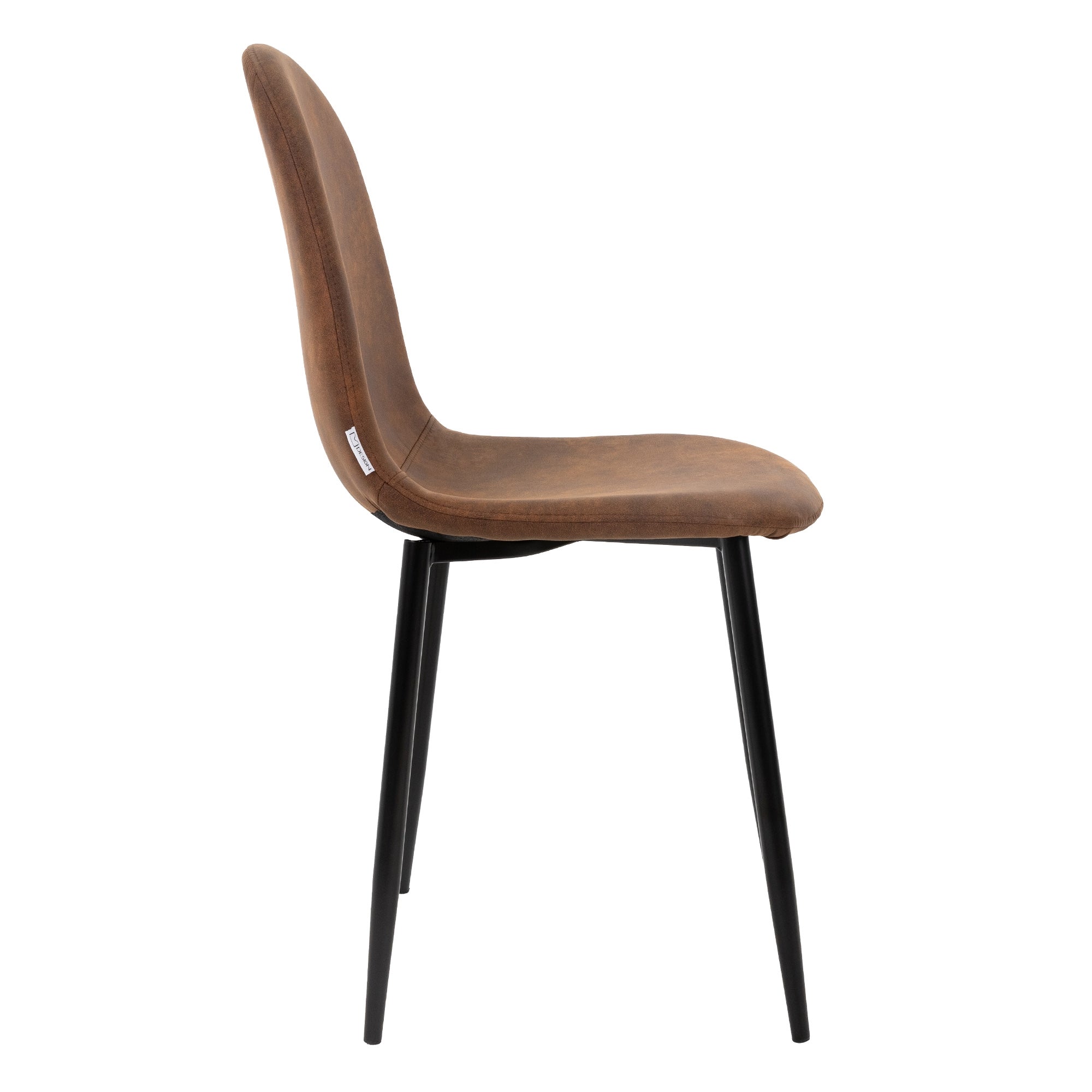 Side view of a brown chair with a black frame.