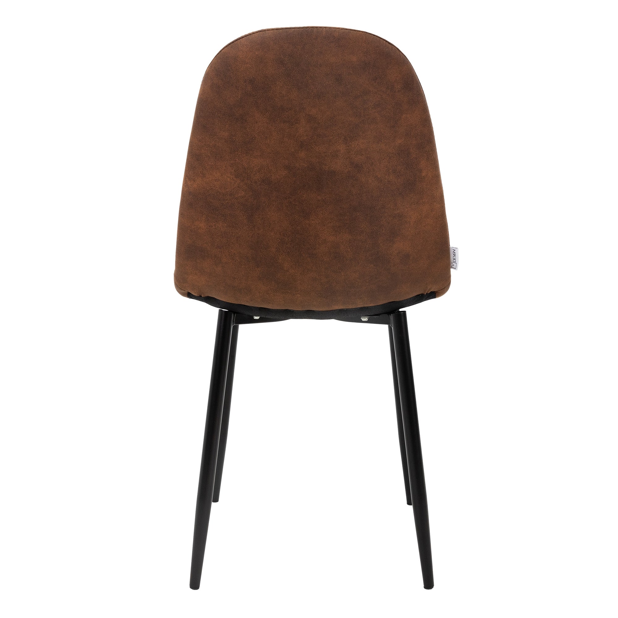 Brown chair from the back with black legs.