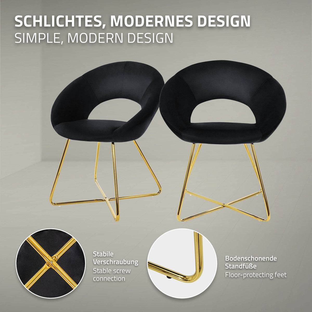 Zwei schwarze Stühle mit goldenen Beinen auf einem grauen Hintergrund.
