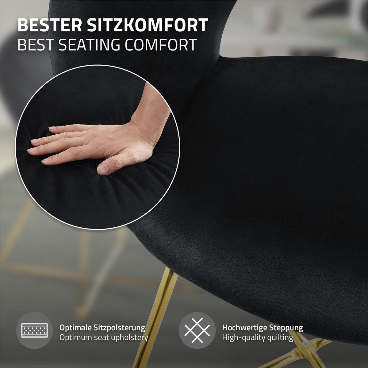 Nahaufnahme einer Hand auf einem schwarzen Stuhl mit weicher Polsterung.