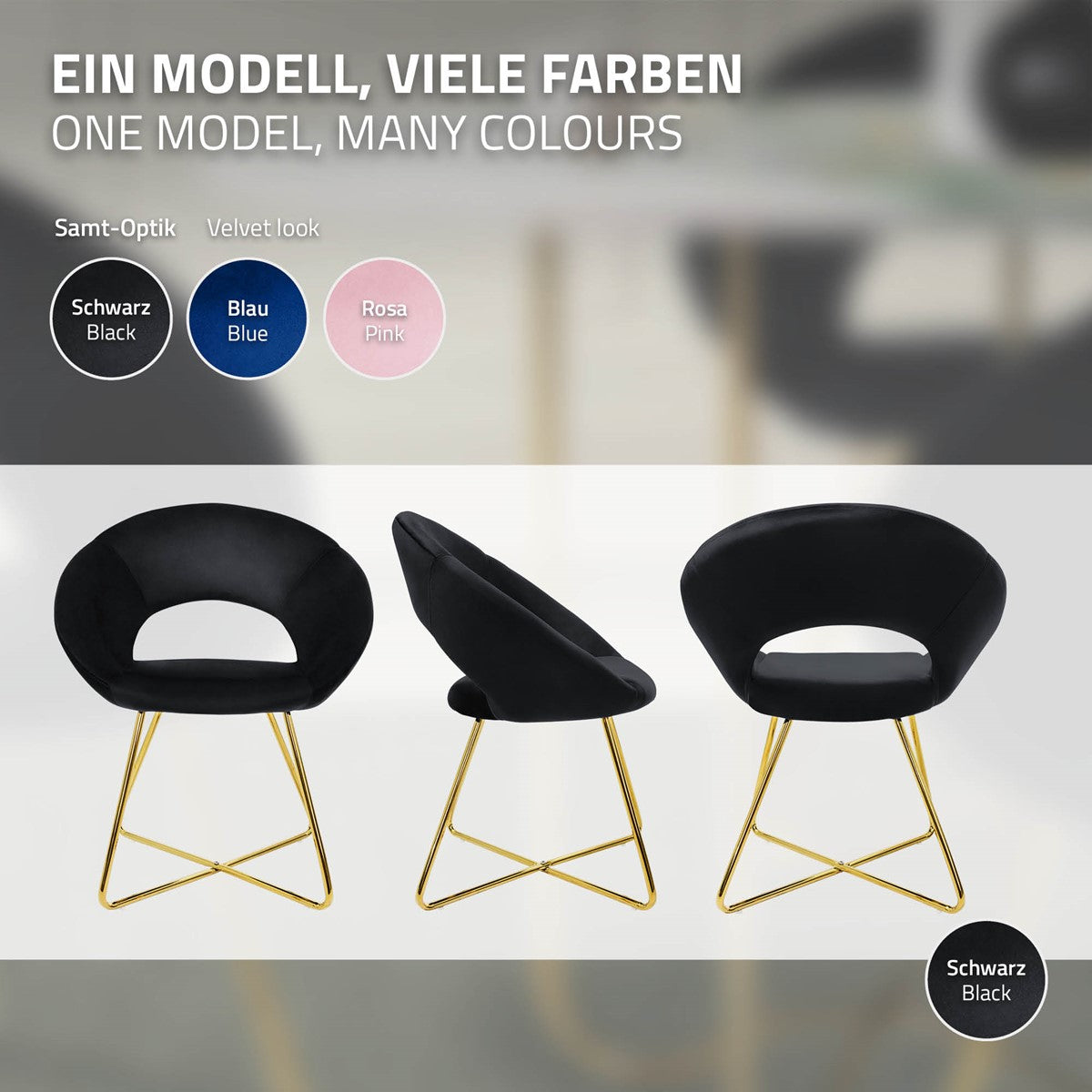 Drei Stühle in verschiedenen Farben auf einem neutralen Hintergrund.