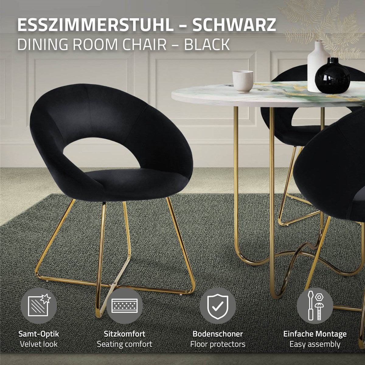 Schwarzer Esszimmerstuhl in einem Raum, mit Tisch und Teppich, Informationen zu Komfort und Montage.