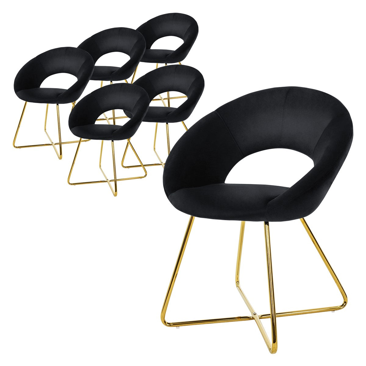 Sechs schwarze Stühle mit goldenen Beinen, die in einer Gruppe angeordnet sind.