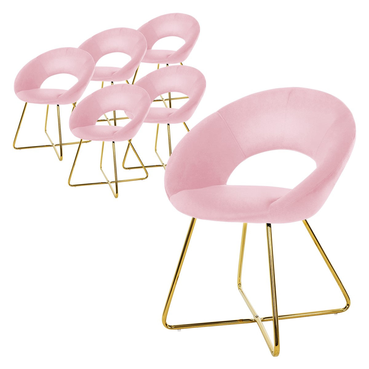 Sechs rosa Stühle mit goldenen Beinen auf weißem Hintergrund.