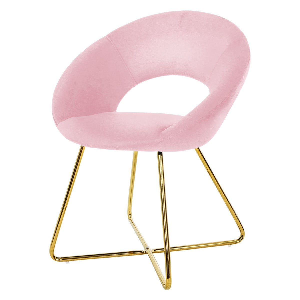 Chaise rose avec des pieds dorés, dossier courbé.