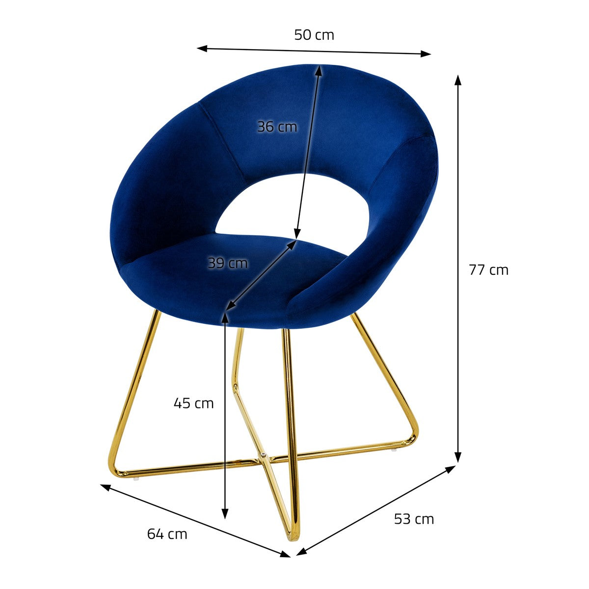 Maßangaben für einen blauen Stuhl mit goldenen Beinen.