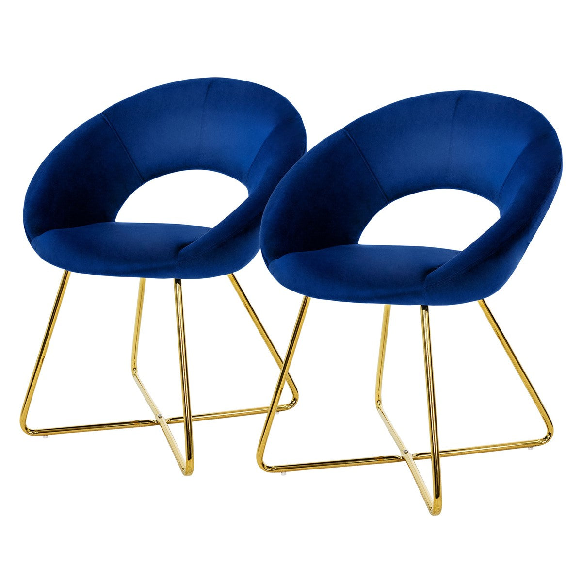 Zwei blaue Stühle mit goldenen Beinen auf einem weißen Hintergrund.