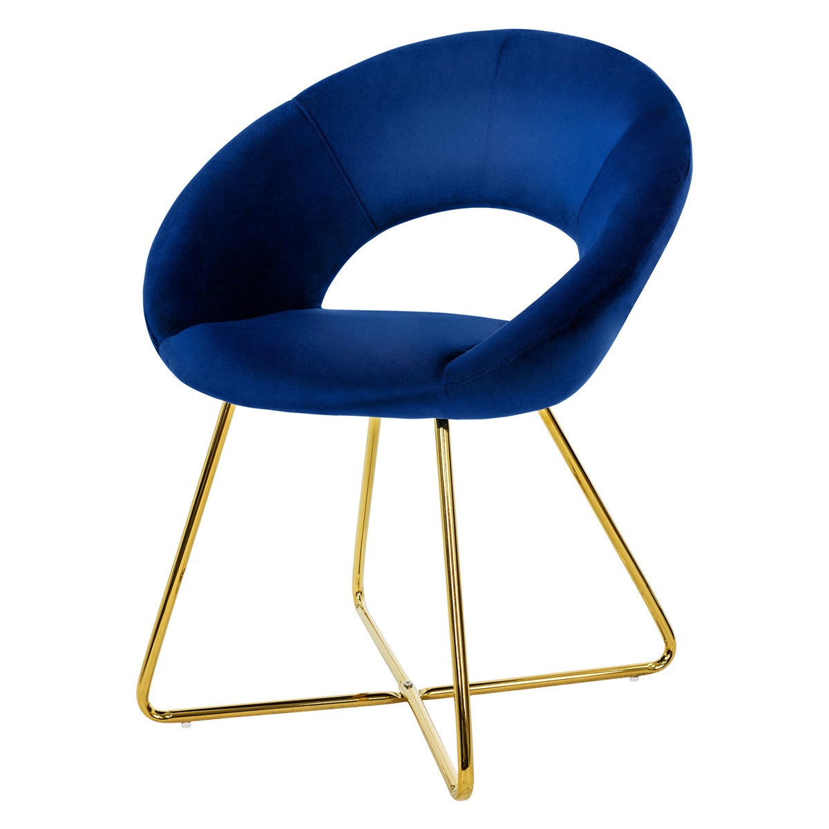 Blauer Sessel mit goldenen Beinen auf weißem Hintergrund.