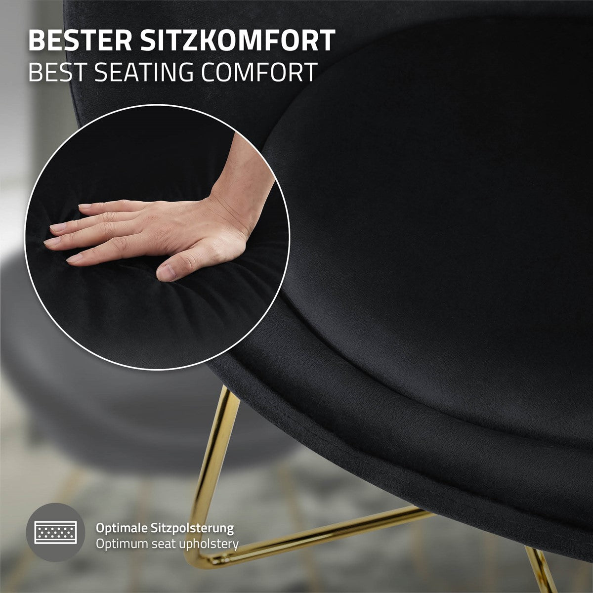 Nahaufnahme eines schwarzen Esszimmerstuhls mit Hand auf der Polsterung.