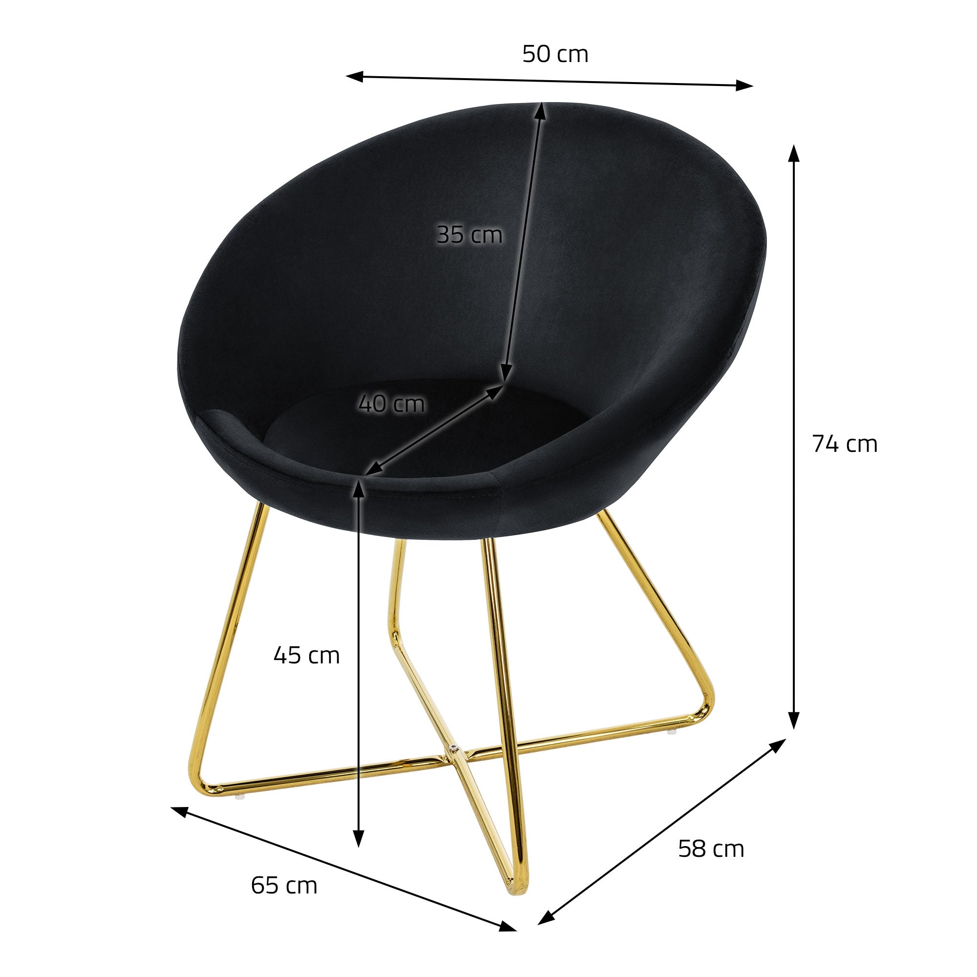 Schwarzer Stuhl mit goldenen Beinen, Maße: 50 cm Breite, 74 cm Höhe.