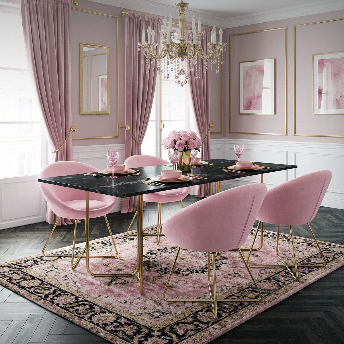 Eleganter Essbereich mit rosa Stühlen, Tisch und dekorativen Elementen.