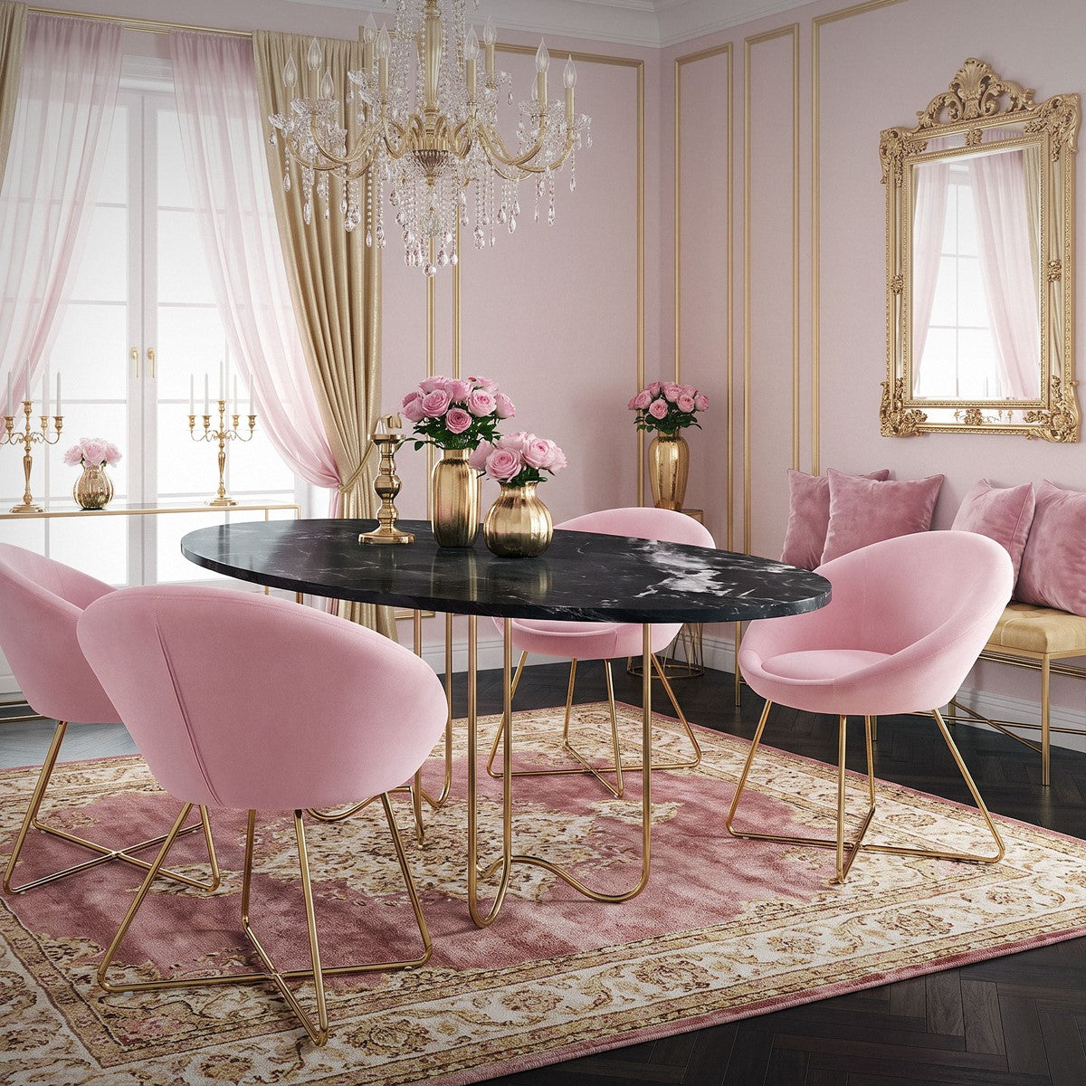 Eleganter Raum mit pinken Stühlen, Tisch und Blumenarrangements.