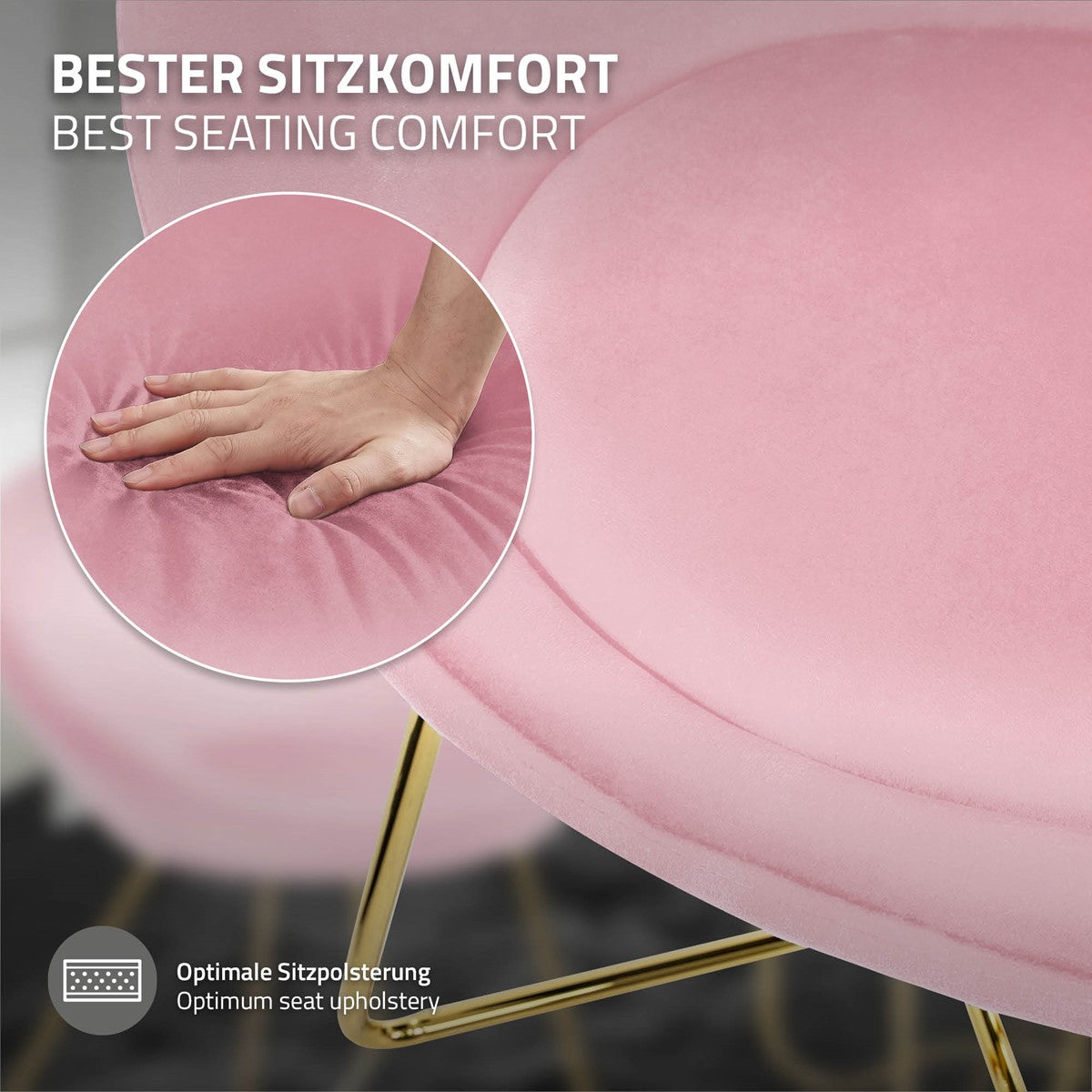 Eine Hand drückt auf einen rosa Stuhl, der weichen Stoff zeigt.
